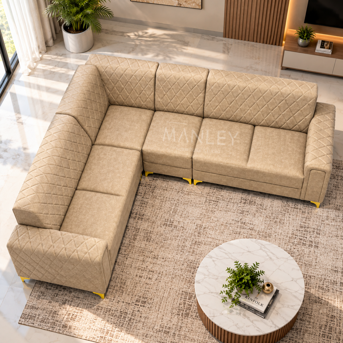 KINARA CORNER SOFA | SUEDE & REXINE MIX FABRIC