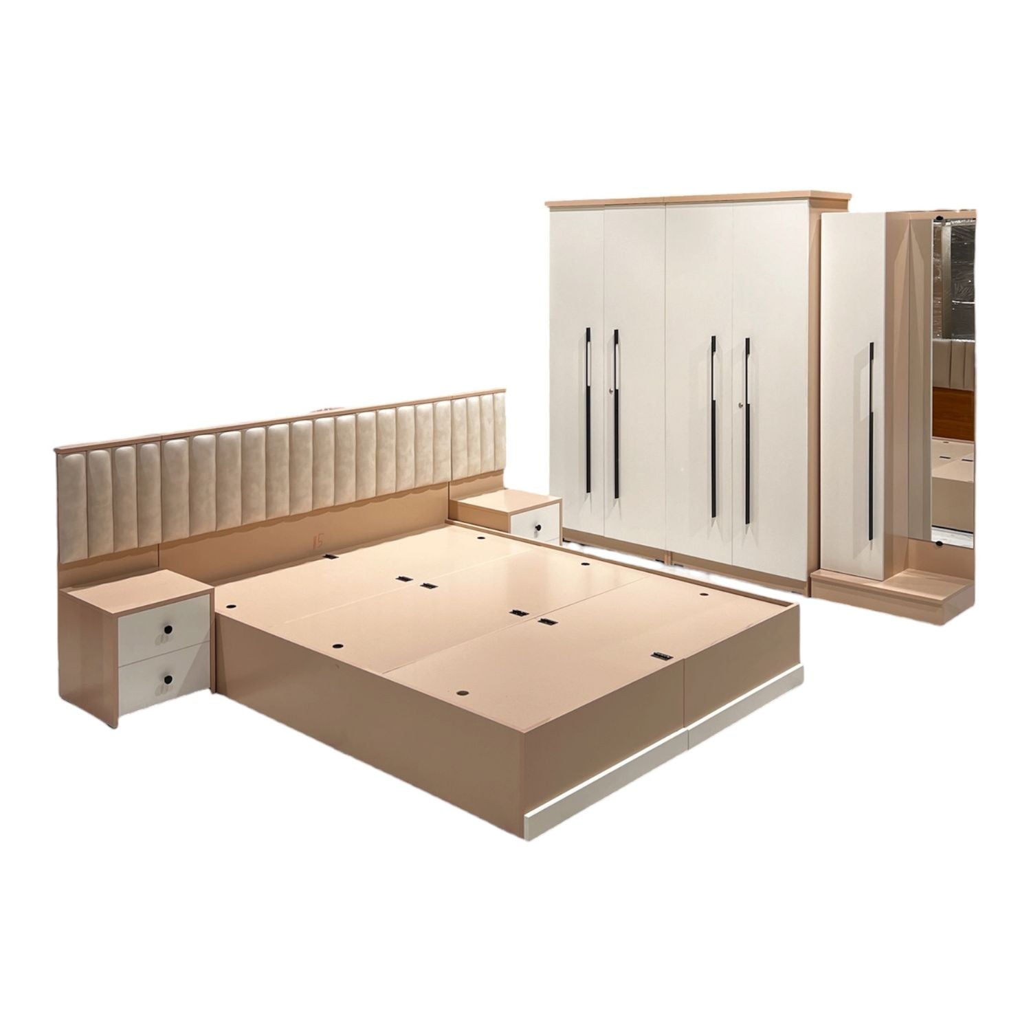 Wooden bedroom furniture set with bed, wardrobe, and nightstands on a white background