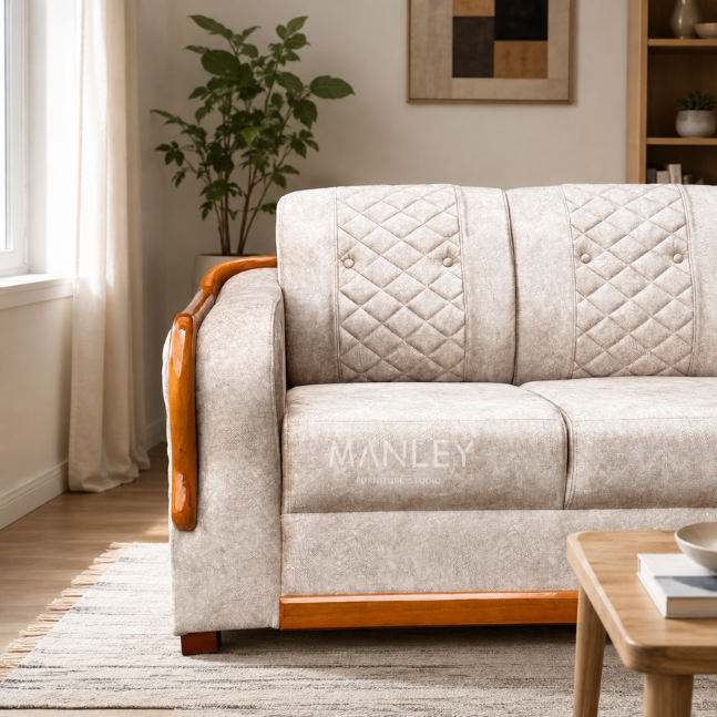 LOREN CORNER SOFA SET | MAHOGANY WOOD & SUEDE FABRIC UPHOLSTERY