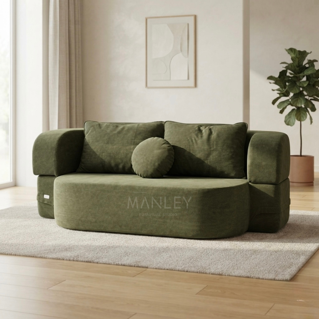 PLUSH SOFA CUM BED | JUTE FABRIC | GREEN COLOUR
