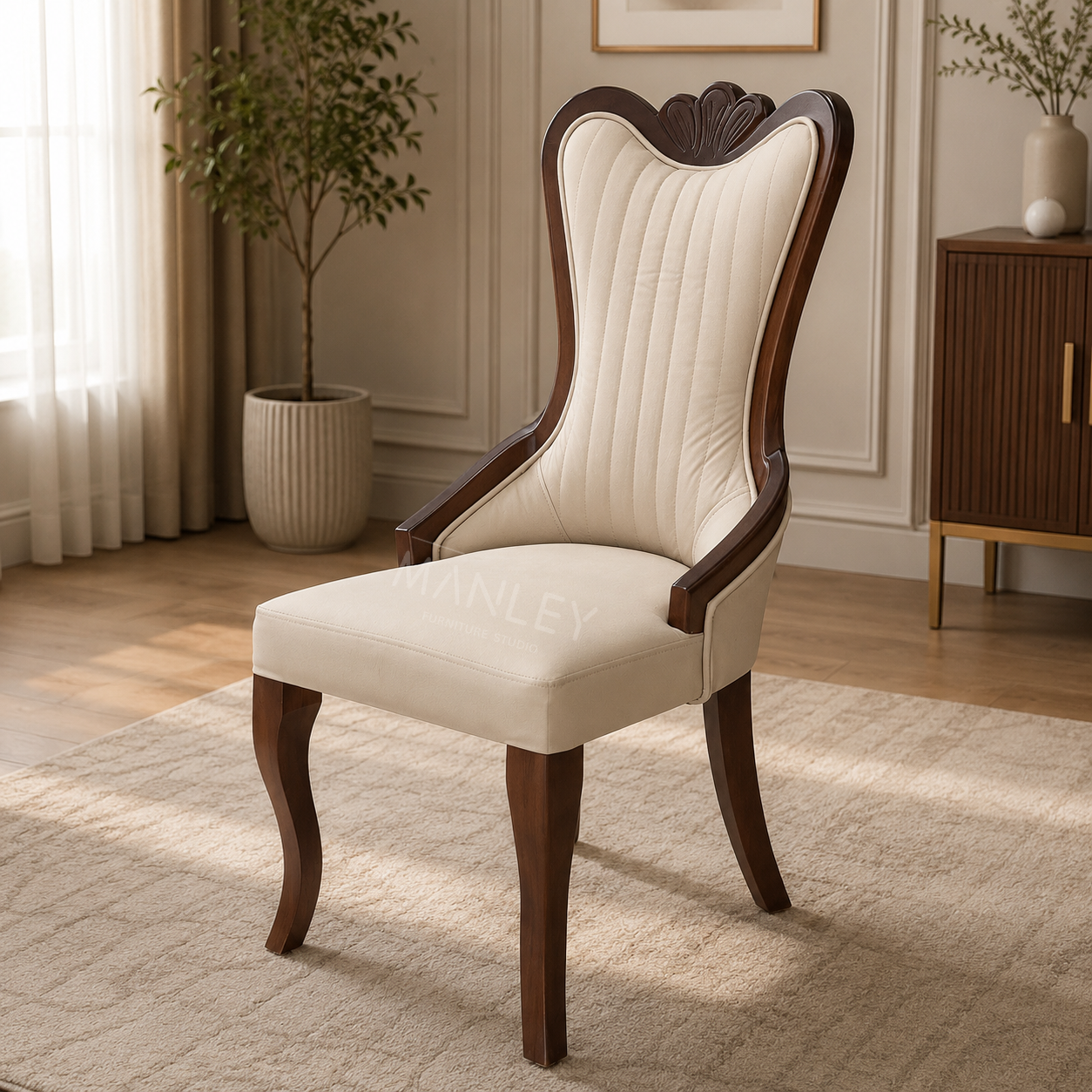 WINDSOR CHAIR | MAHOGANY WOOD & SUEDE FABRIC | ASH GREY COLOUR