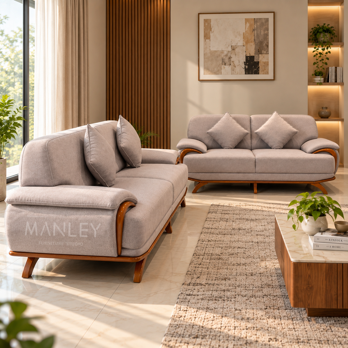 WINDSOR 3+2 SOFA SET | TREATED MAHOGANY WOOD & SUEDE FABRIC