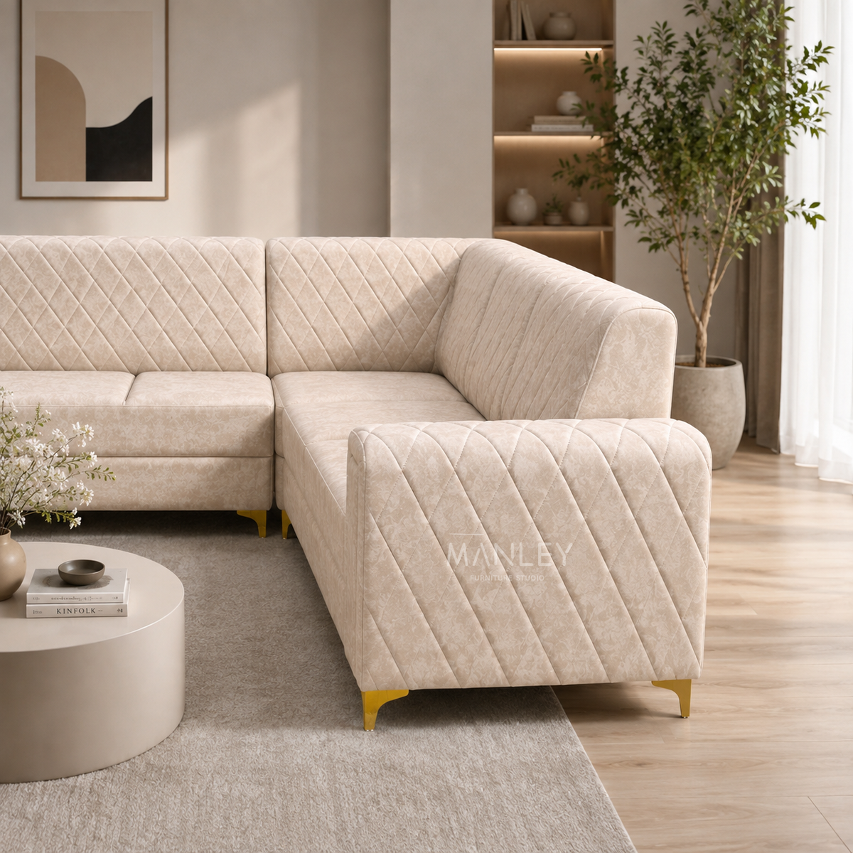 CROWN CORNER SOFA SET | SUEDE FABRIC & METAL LEGS | BEIGE COLOUR