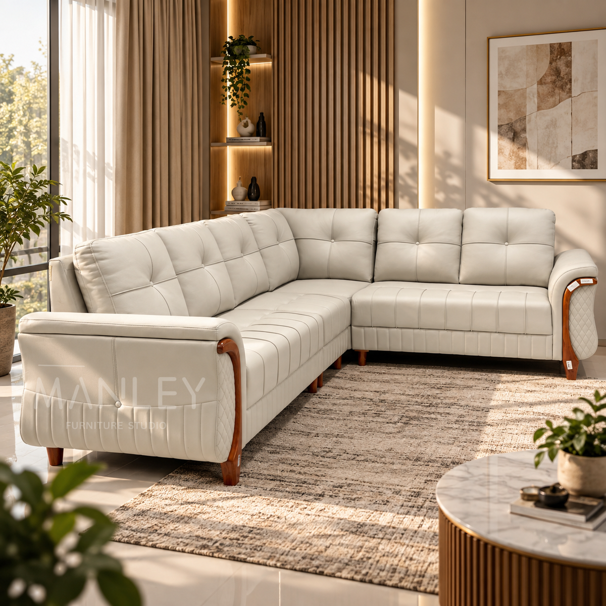 OXFORD CORNER SOFA SET | TREATED MAHOGANY WOOD & SUEDE FABRIC