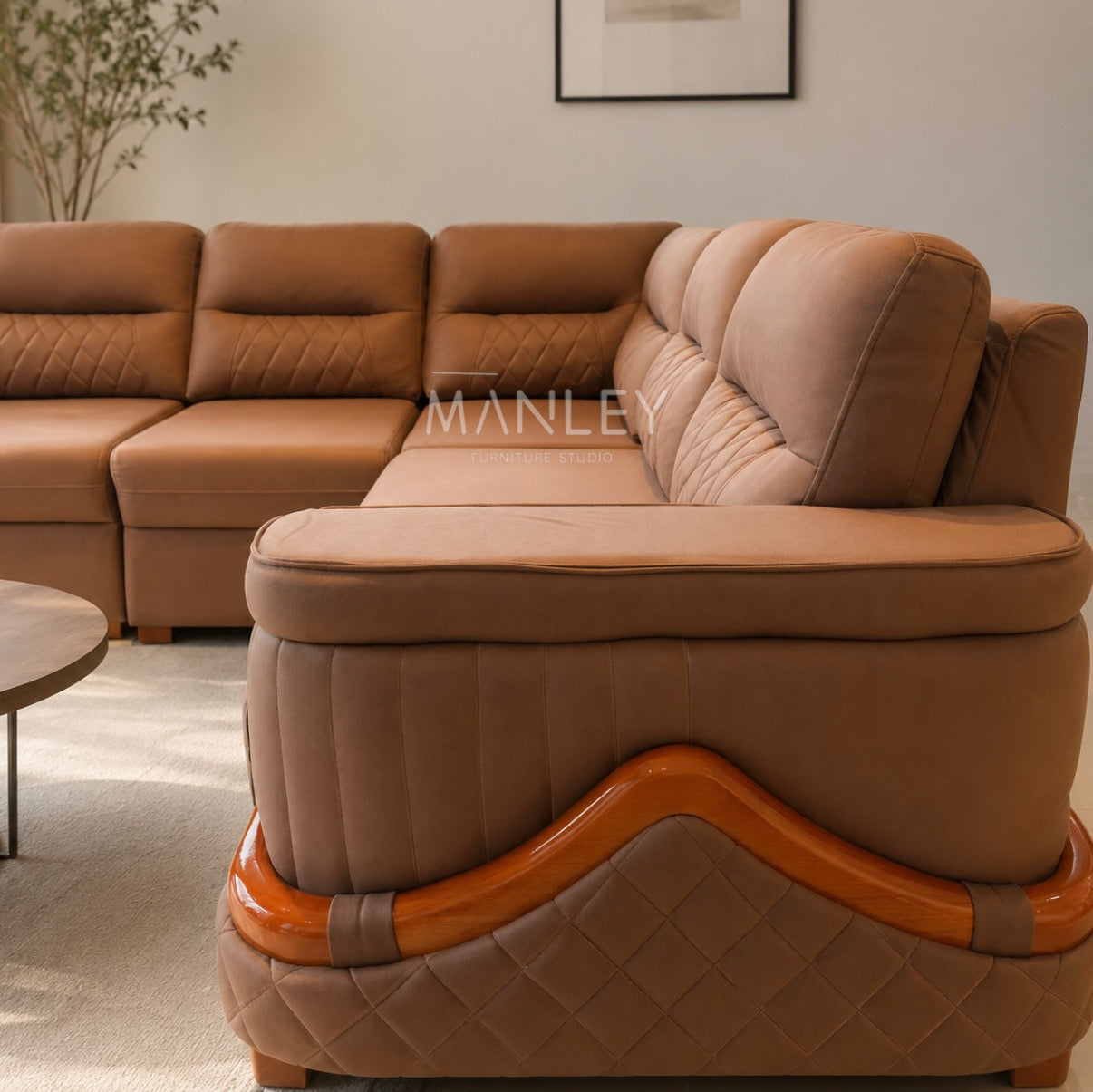 JASPER CORNER SOFA SET | MAHOGANY WOOD & FABRIC UPHOLSTERY | GREY
