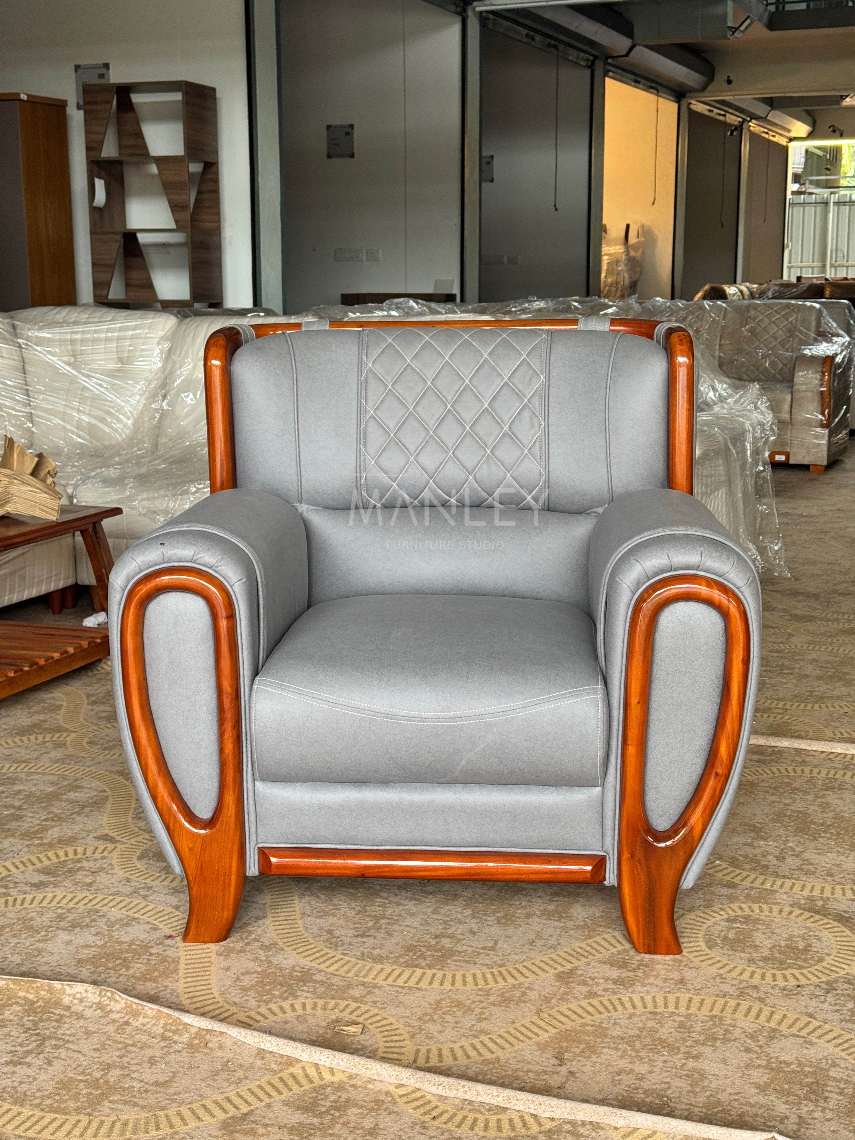 EMBER ARMCHAIR | MAHOGANY WOOD & SUEDE FABRIC | GREY