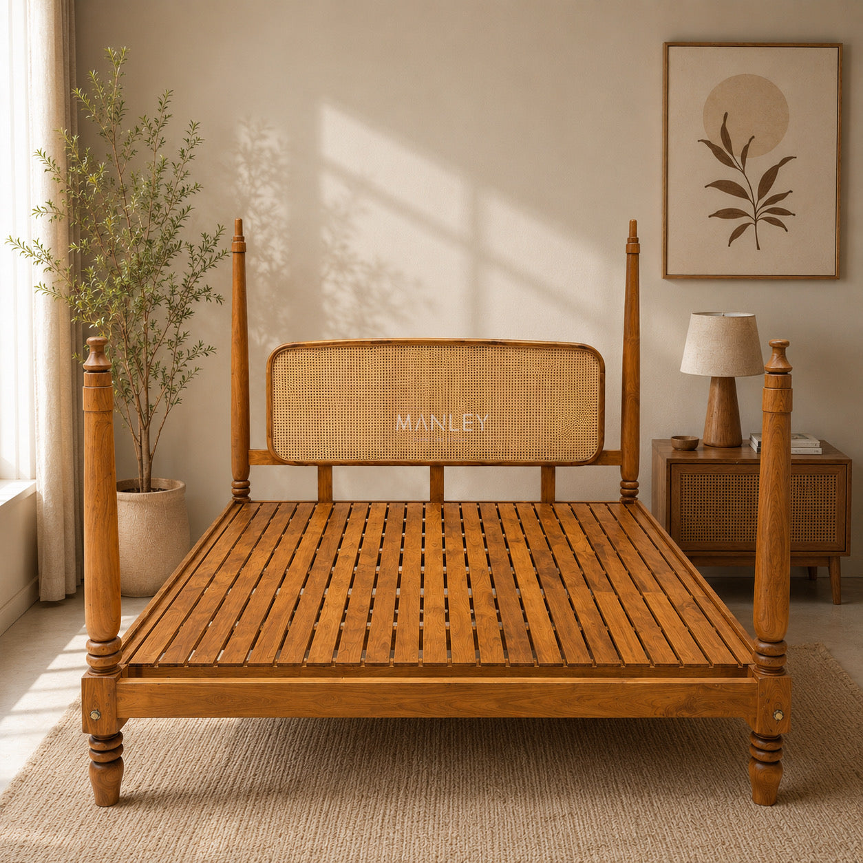 PILLER CANE COT KING SIZE -TEAK WITH NATURAL CANE