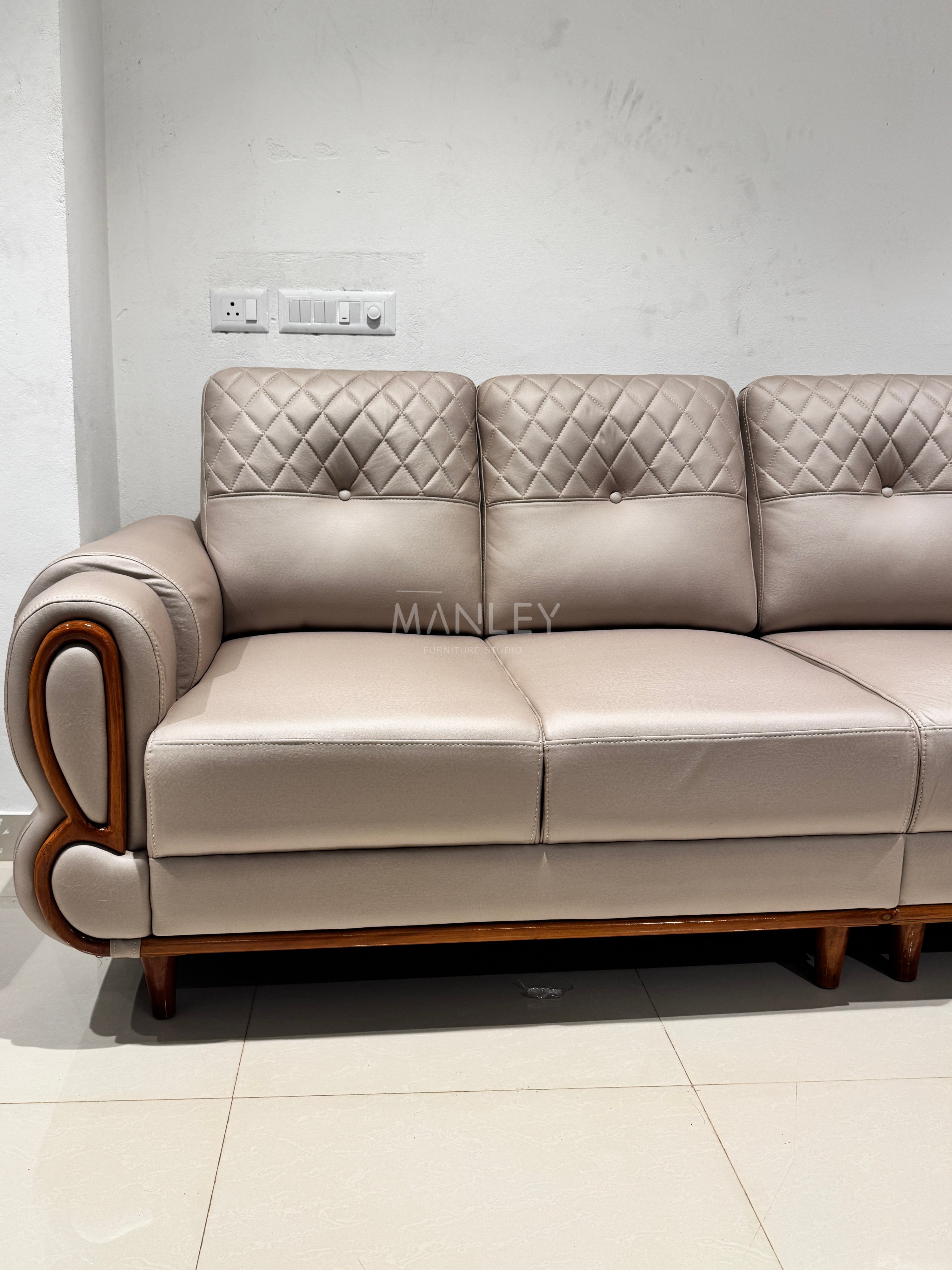 JASPER CORNER SOFA SET | MAHOGANY WOOD & FABRIC UPHOLSTERY | BEIGE