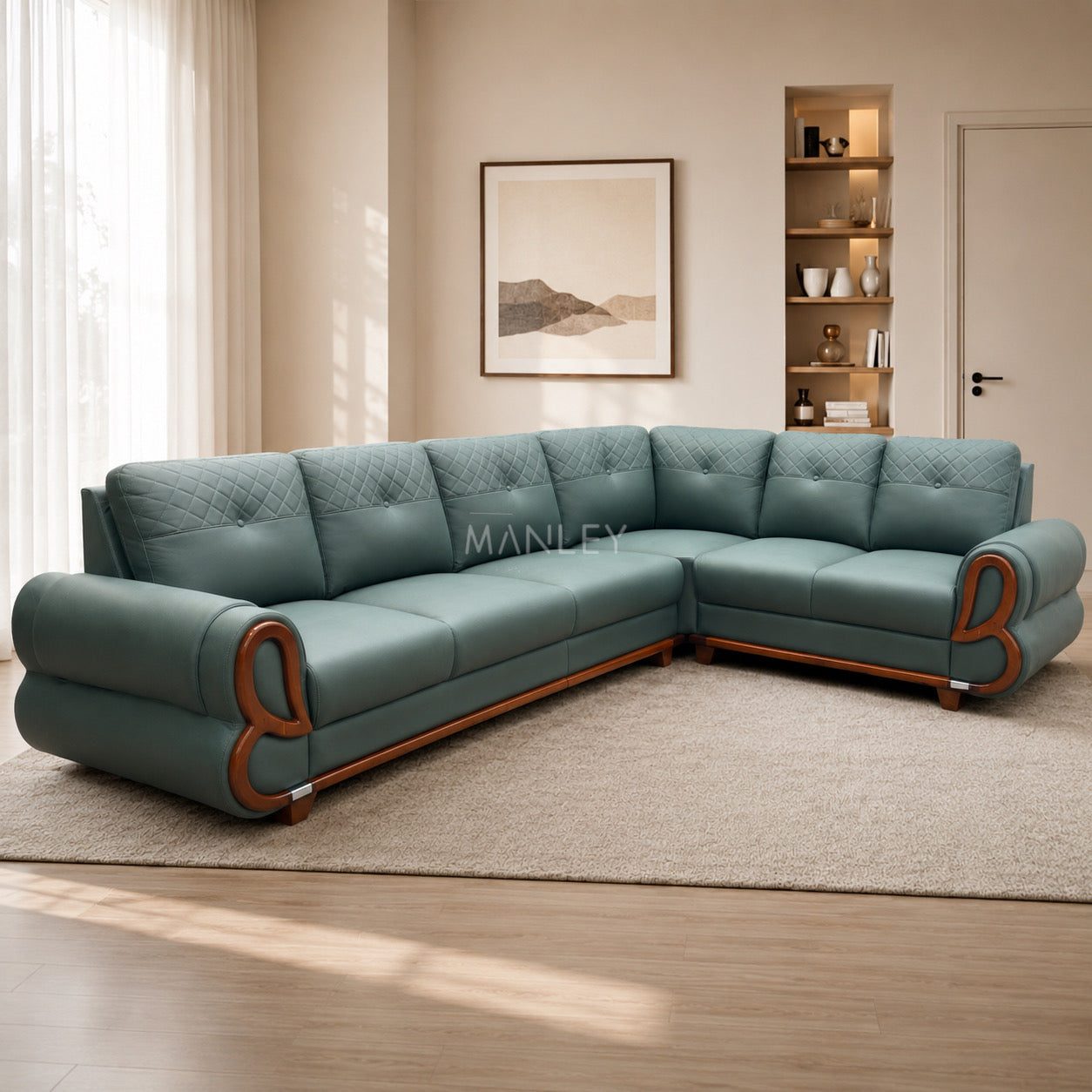 FORMA CORNER SOFA SET | MAHOGANY WOOD & SUEDE FABRIC UPHOLSTERY | GREEN
