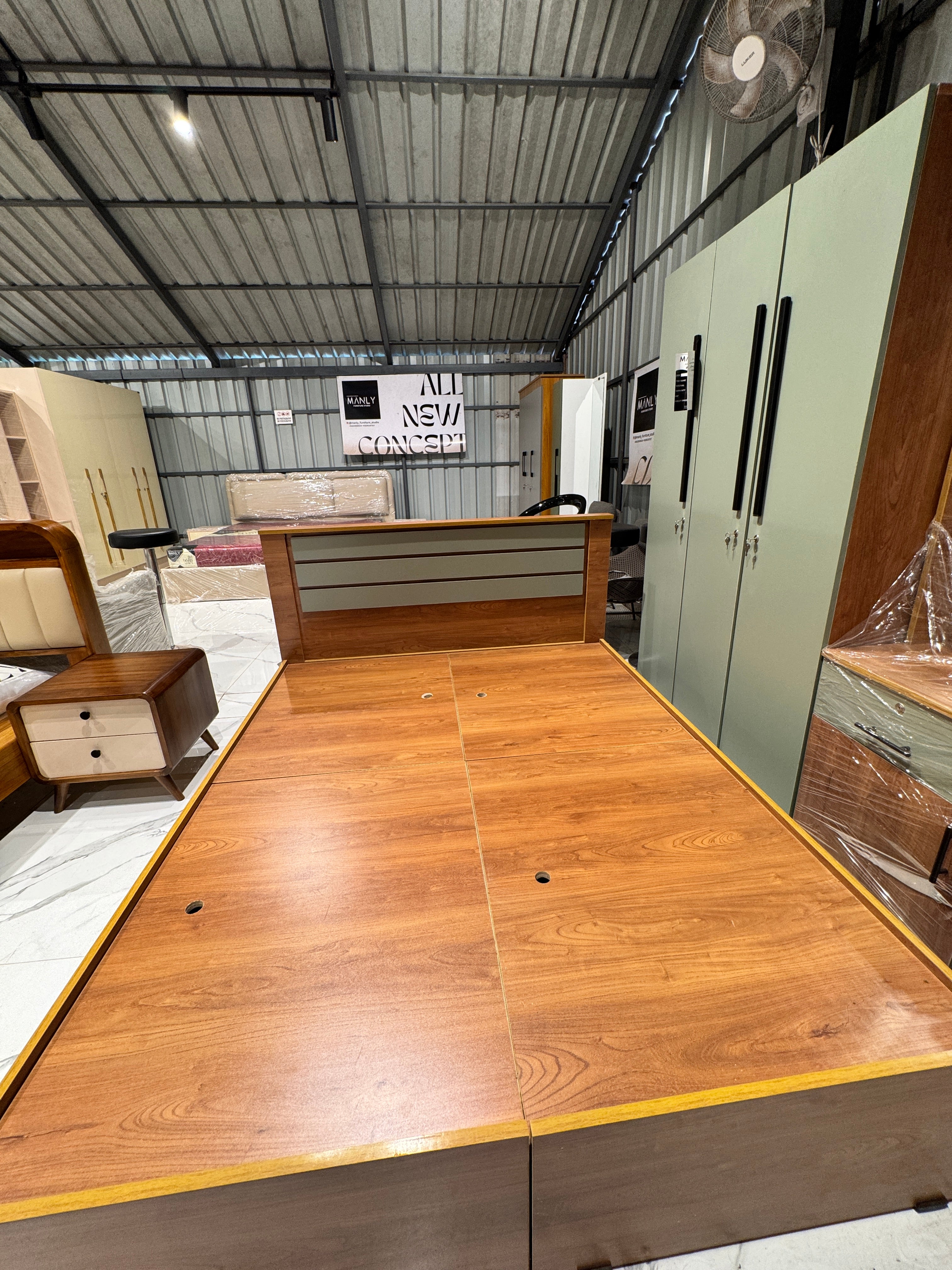 YENORA 3 DOOR QUEEN SIZE BEDROOMSET – Premium Particle Board |  COLOUR Green & Dark Brown |