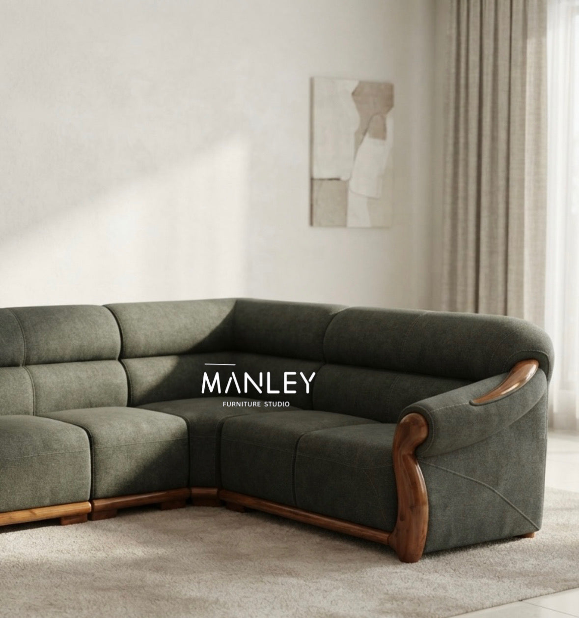 LAIKE CORNER SOFA SET | MAHOGANY WOOD & FABRIC UPHOLSTERY | GREEN
