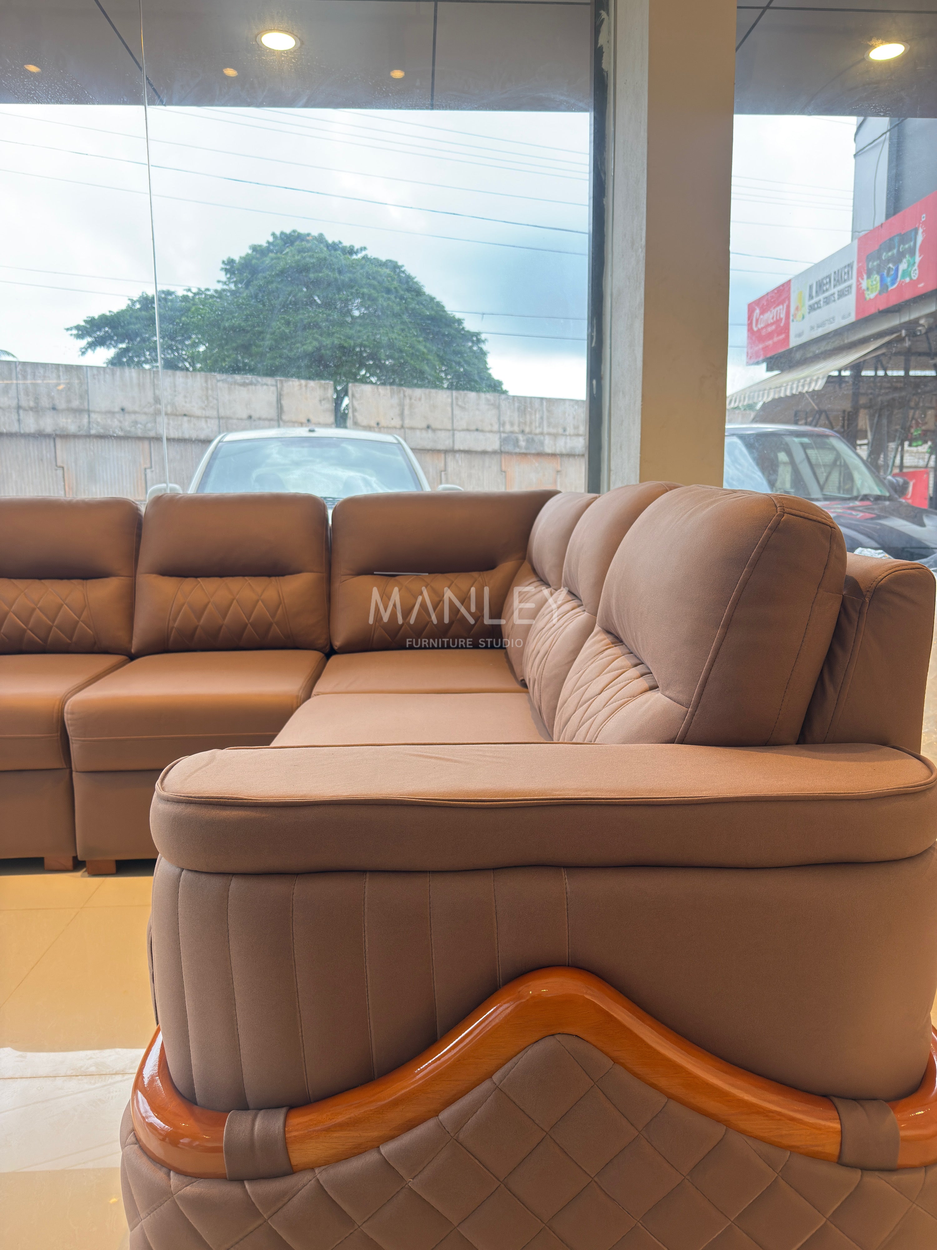 JASPER CORNER SOFA SET | MAHOGANY WOOD & FABRIC UPHOLSTERY | GREY
