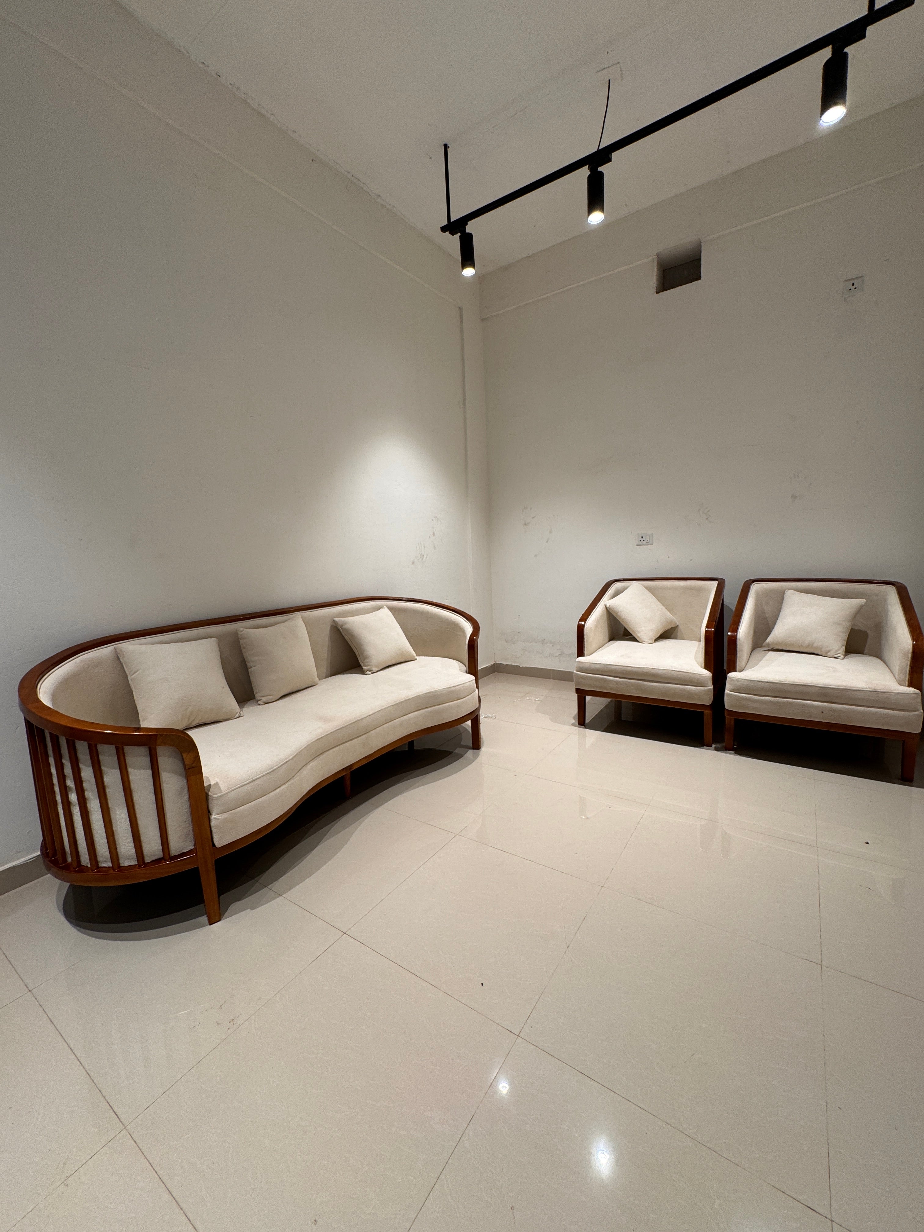 LIVORA 3+1+1 SOFASET  | TREATED MAHAGONY WOOD  & Fabric | CREAM COLOUR