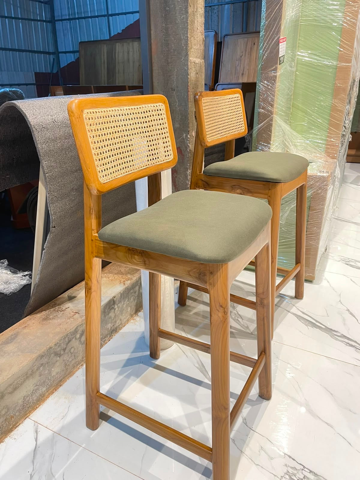 LINEAR STOOL CHAIR | TEAK WOOD & NATURAL CANE | FABRIC CUSHION