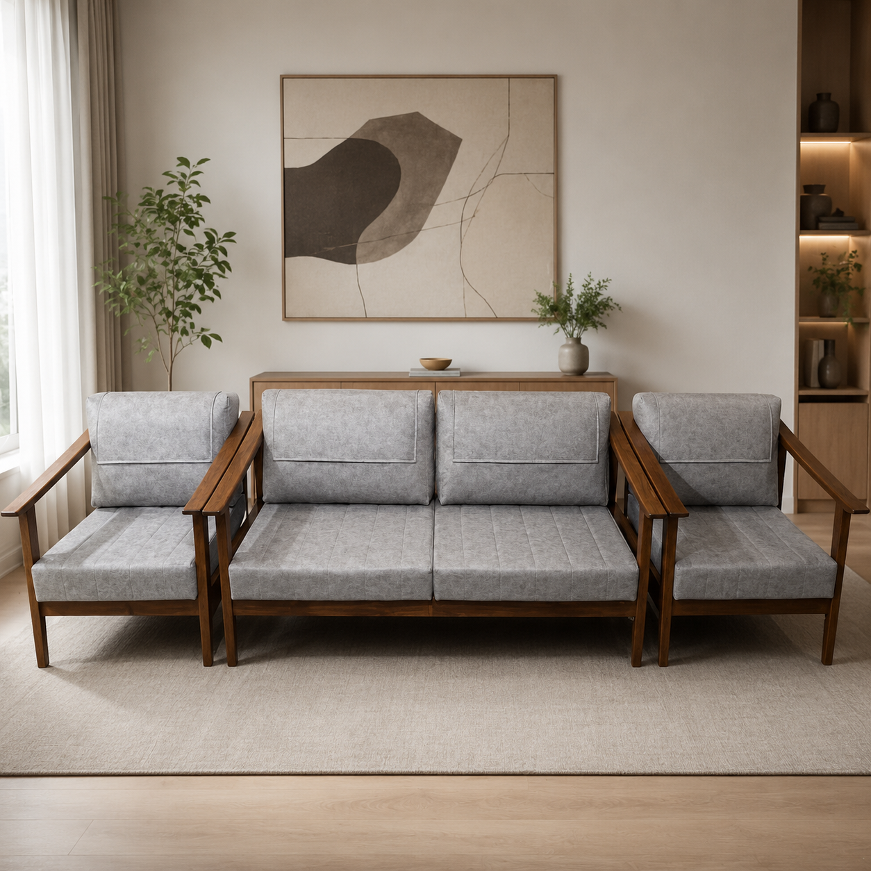 DOMS SOFA SET | SOLID TEAK WOOD & SUEDE FABRIC | 80-MONTH WARRANTY
