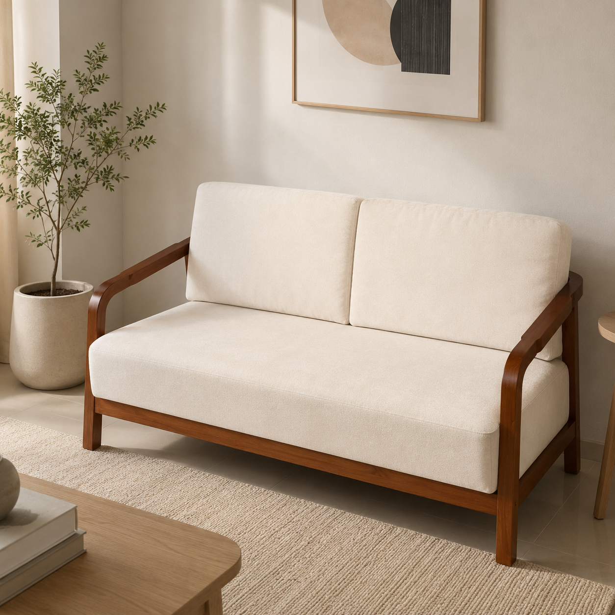 Riyon Solid Wood Sofa Set – Off White | Premium Living Room Furniture