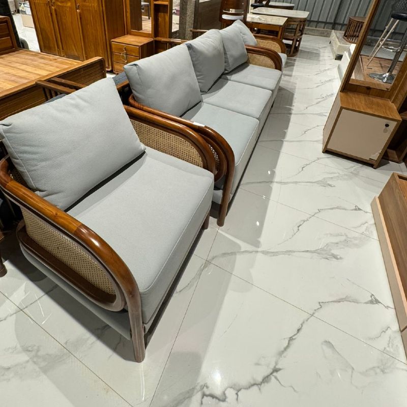 Canelia Sofa Set – 3+1+1 Teak Wood | Cane Finish & Retro Filling | 50-Month Warranty