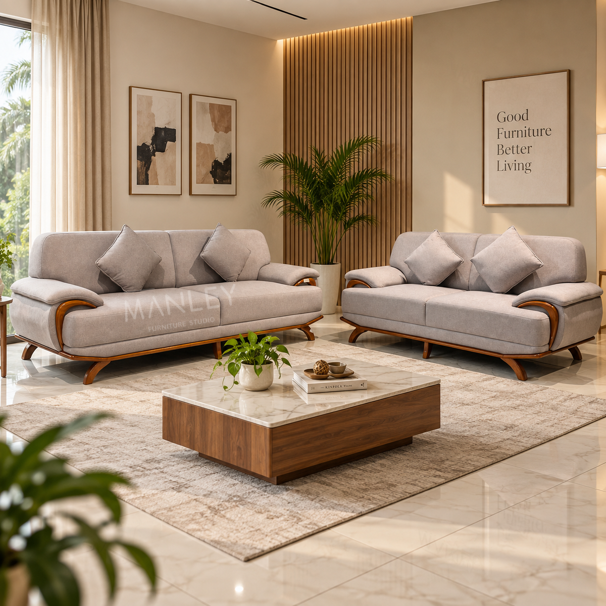 WINDSOR 3+2 SOFA SET | TREATED MAHOGANY WOOD & SUEDE FABRIC
