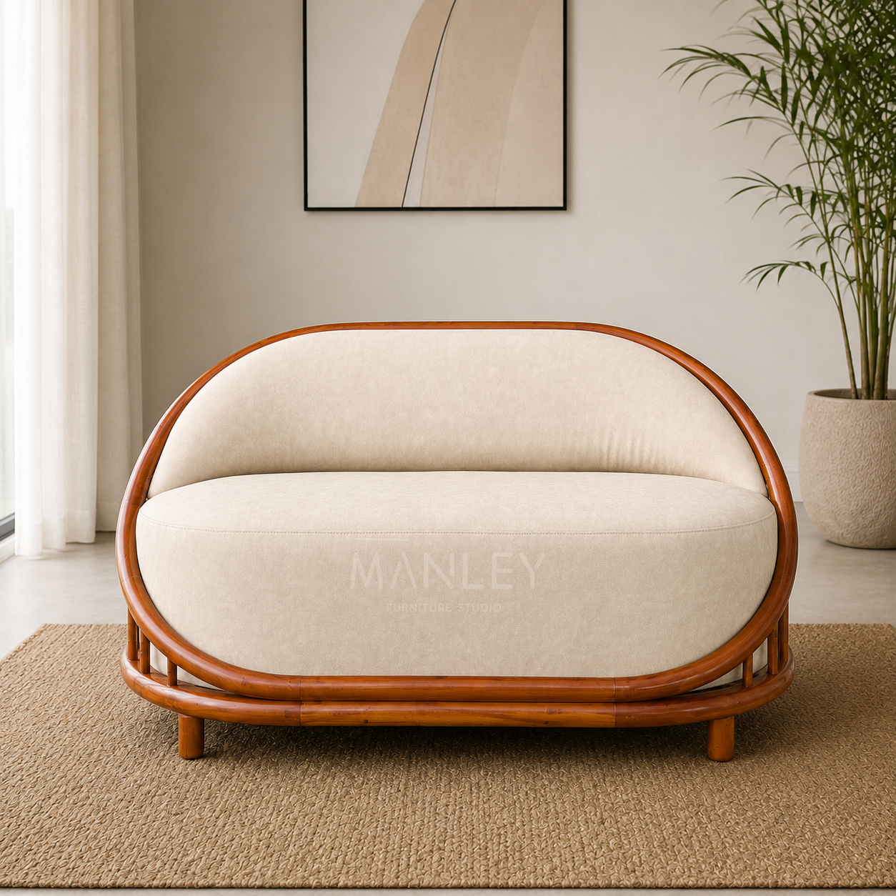 LAVEN 2-SEATER SOFA | MAHOGANY WOOD & SUEDE FABRIC UPHOLSTERY | BEIGE