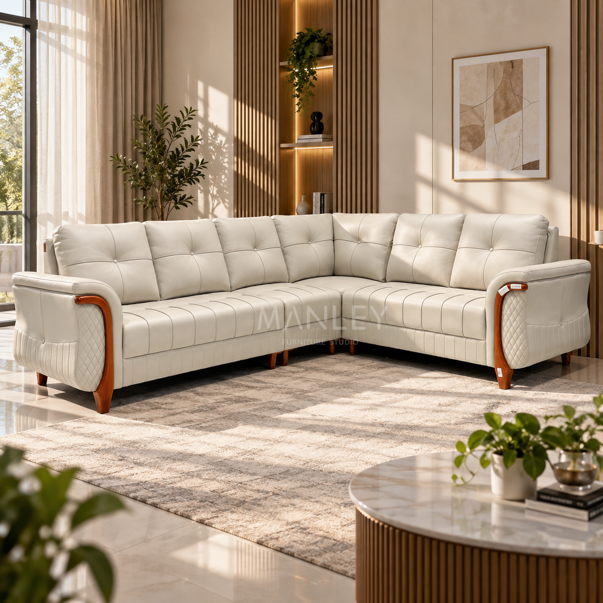 OXFORD CORNER SOFA SET | TREATED MAHOGANY WOOD & SUEDE FABRIC