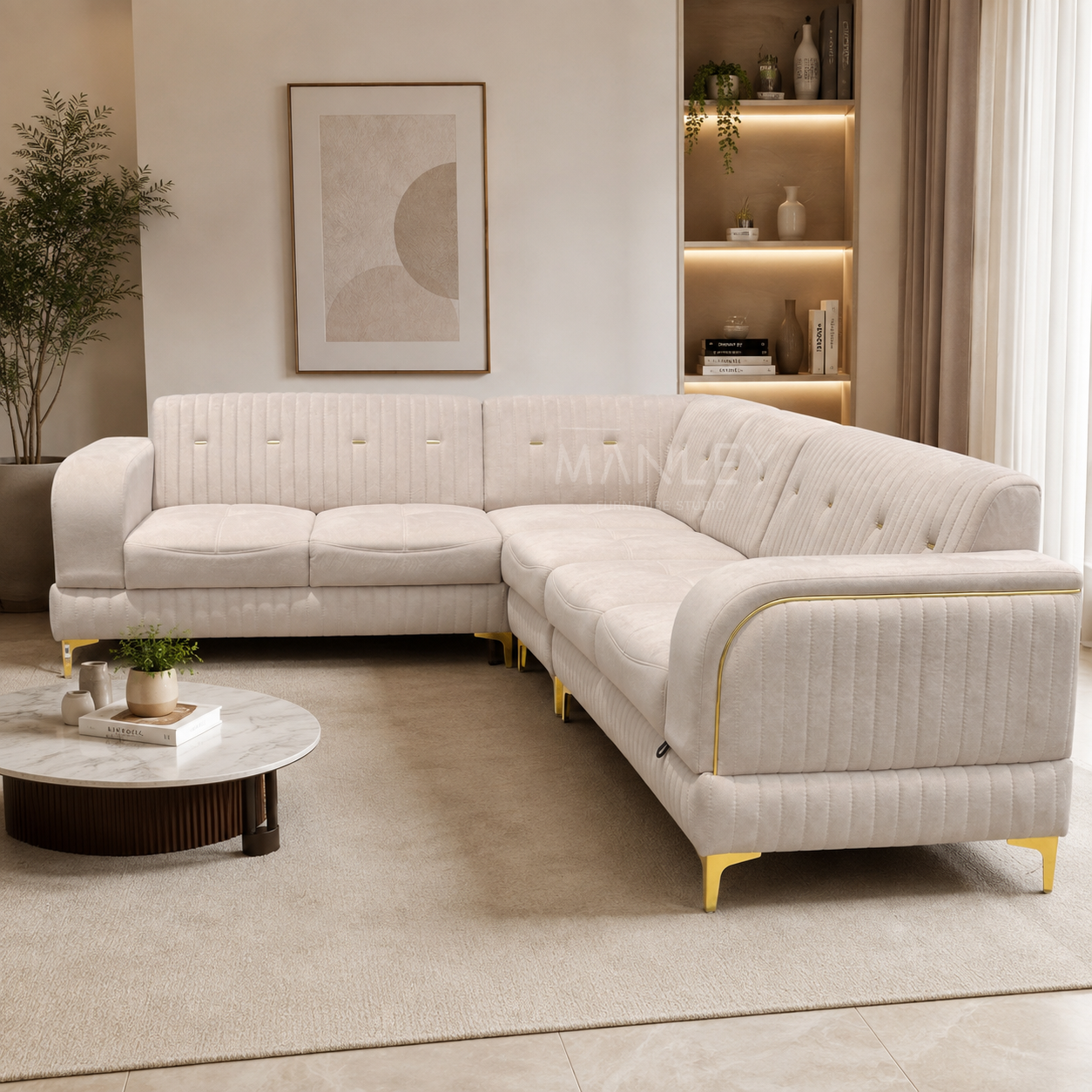 COZY CORNER SOFA SET | SUEDE FABRIC & METAL LEGS | BEIGE COLOUR