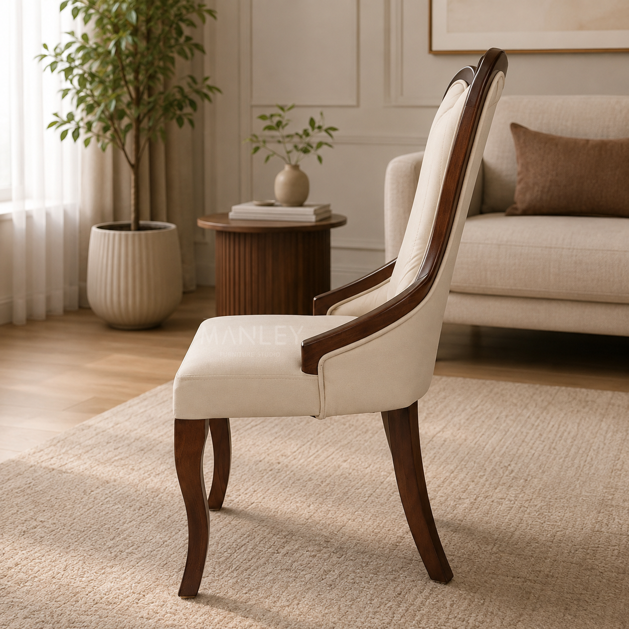 WINDSOR CHAIR | MAHOGANY WOOD & SUEDE FABRIC | ASH GREY COLOUR