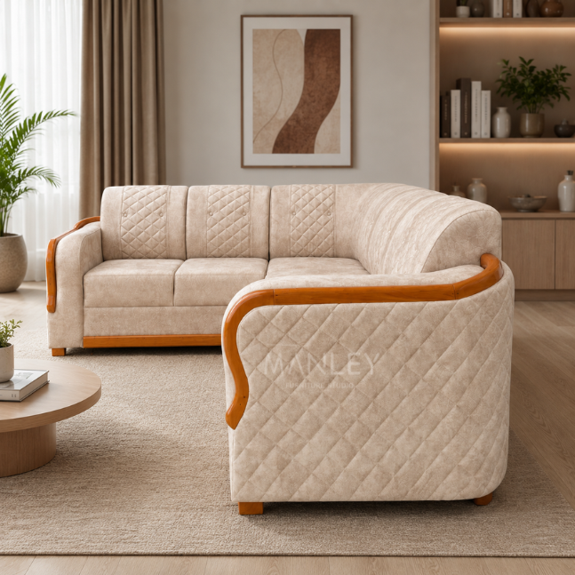 LOREN CORNER SOFA SET | MAHOGANY WOOD & SUEDE FABRIC UPHOLSTERY