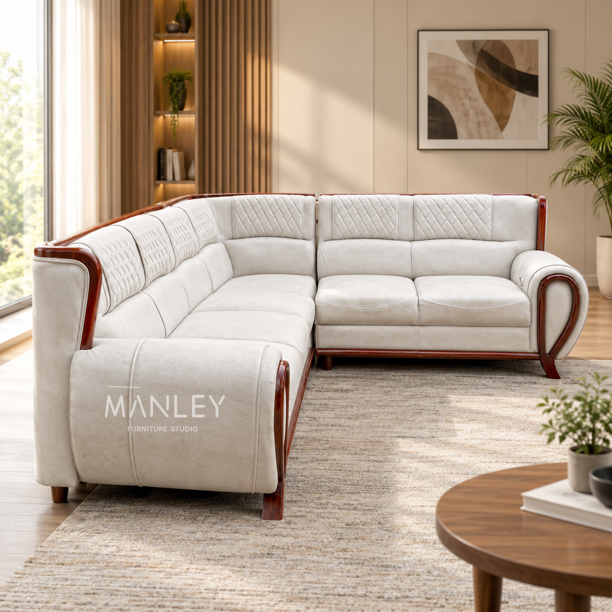 HILON CORNER SOFA SET | TREATED MAHOGANY WOOD & SUEDE FABRIC