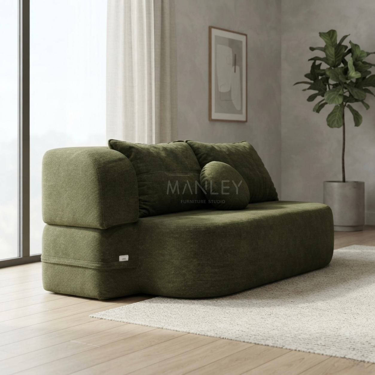 PLUSH SOFA CUM BED | JUTE FABRIC | GREEN COLOUR