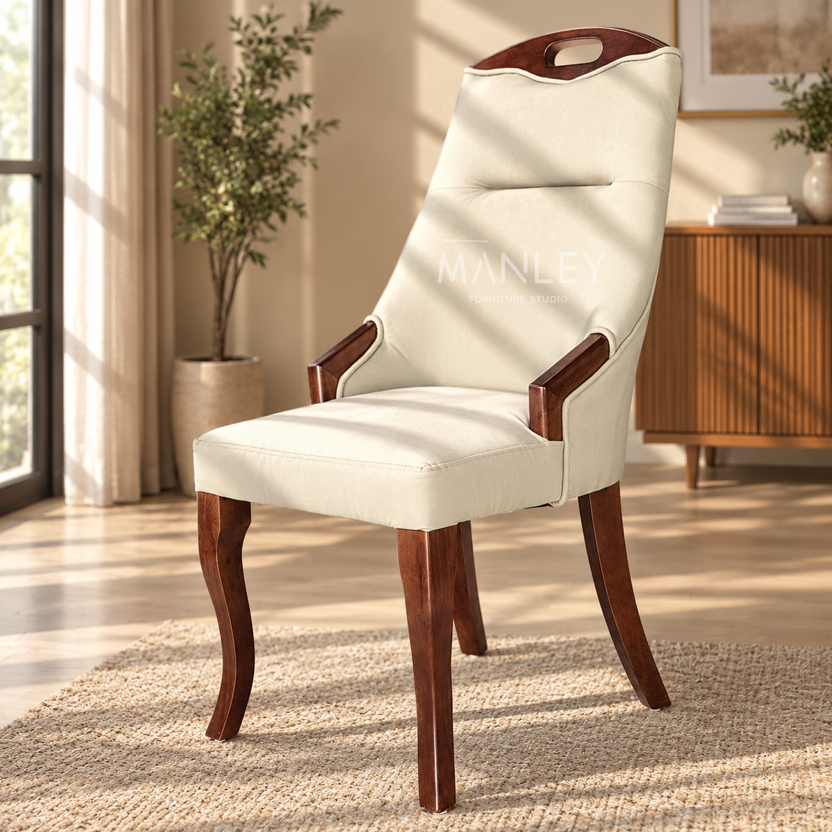 BARREL CHAIR | TREATED MAHOGANY WOOD & SUEDE FABRIC | BEIGE COLOUR