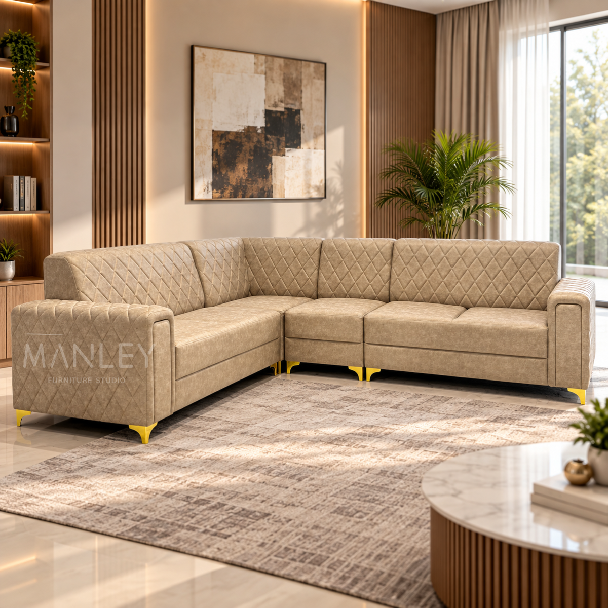 KINARA CORNER SOFA | SUEDE & REXINE MIX FABRIC