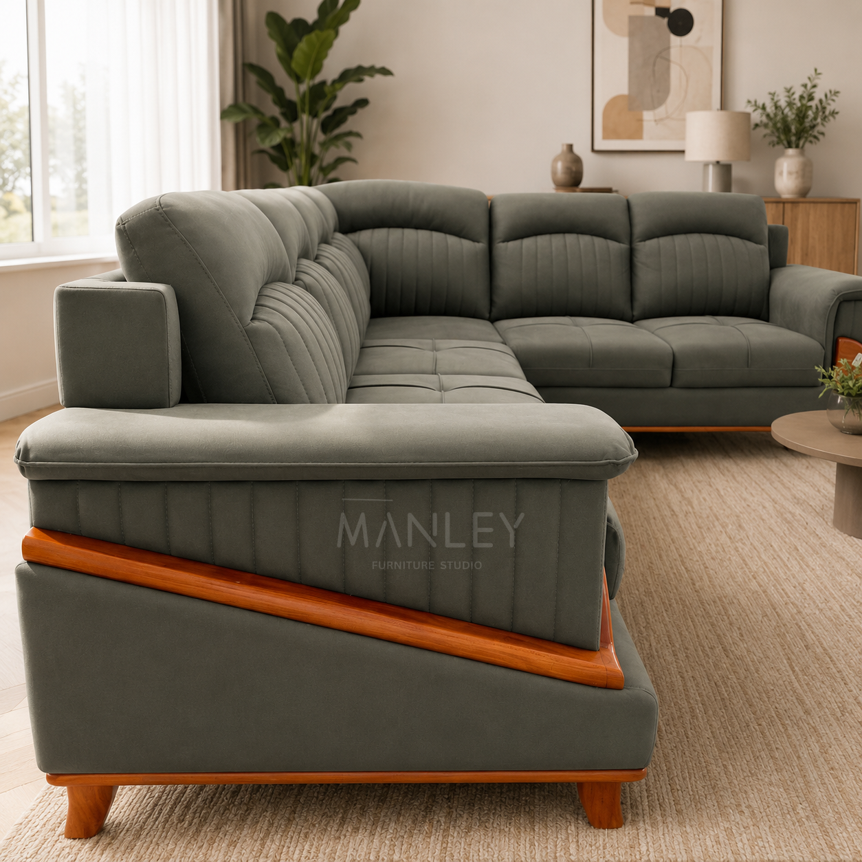 ASPEN CORNER SOFA SET | MAHOGANY WOOD & SUEDE FABRIC UPHOLSTERY | GREEN