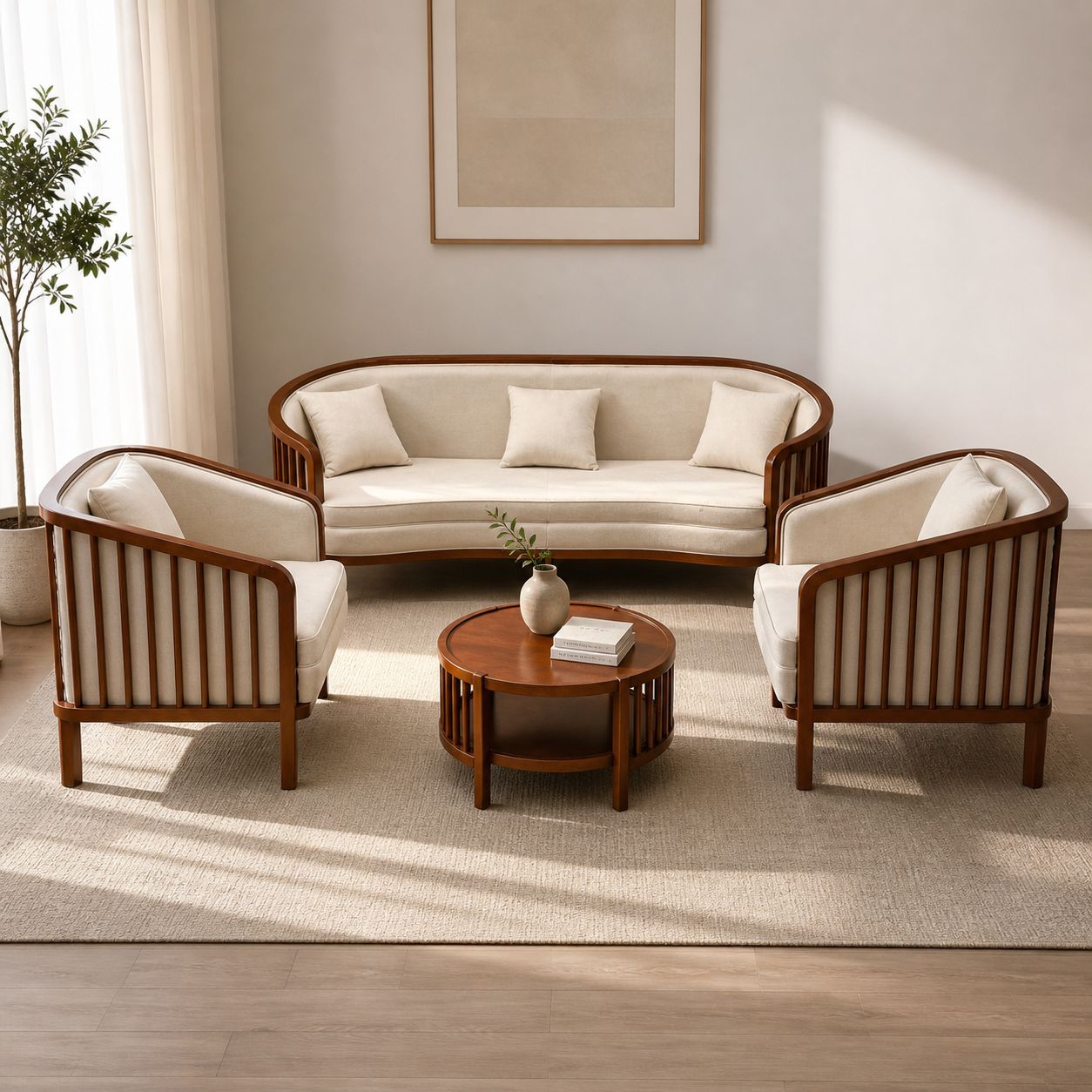 Livora Sofa Set | Solid Wood & Fabric | Cream