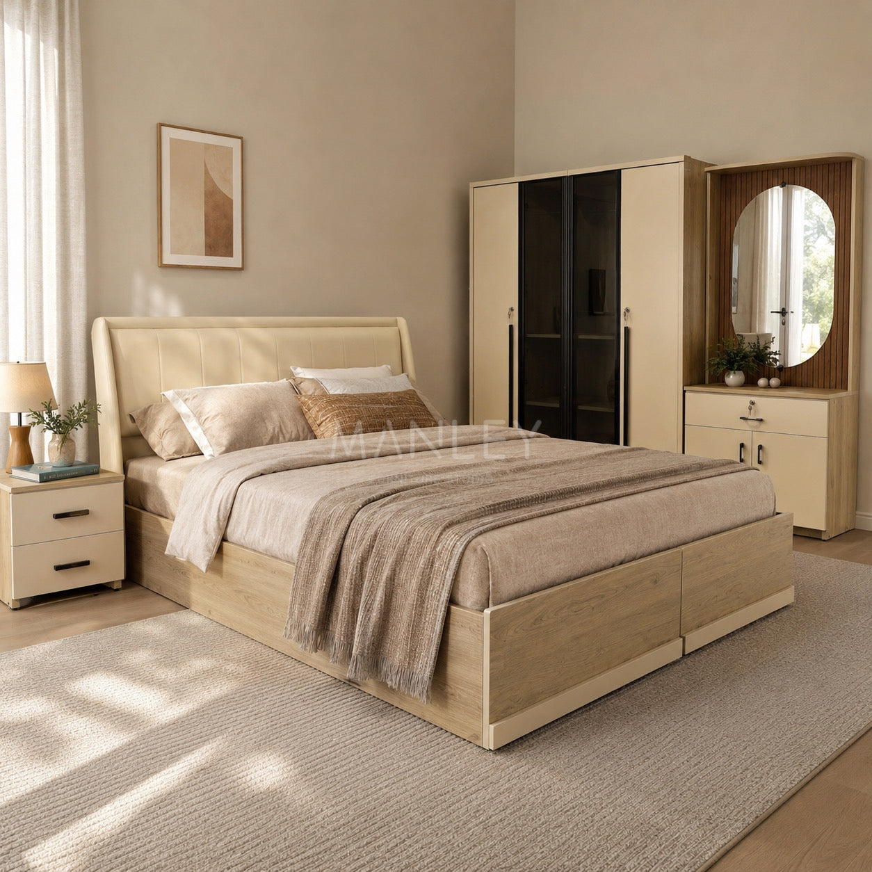 HERITAGE 4-DOOR GLASS BEDROOM SET | PARTICLE BOARD & GLASS DOORS | QUEEN SIZE