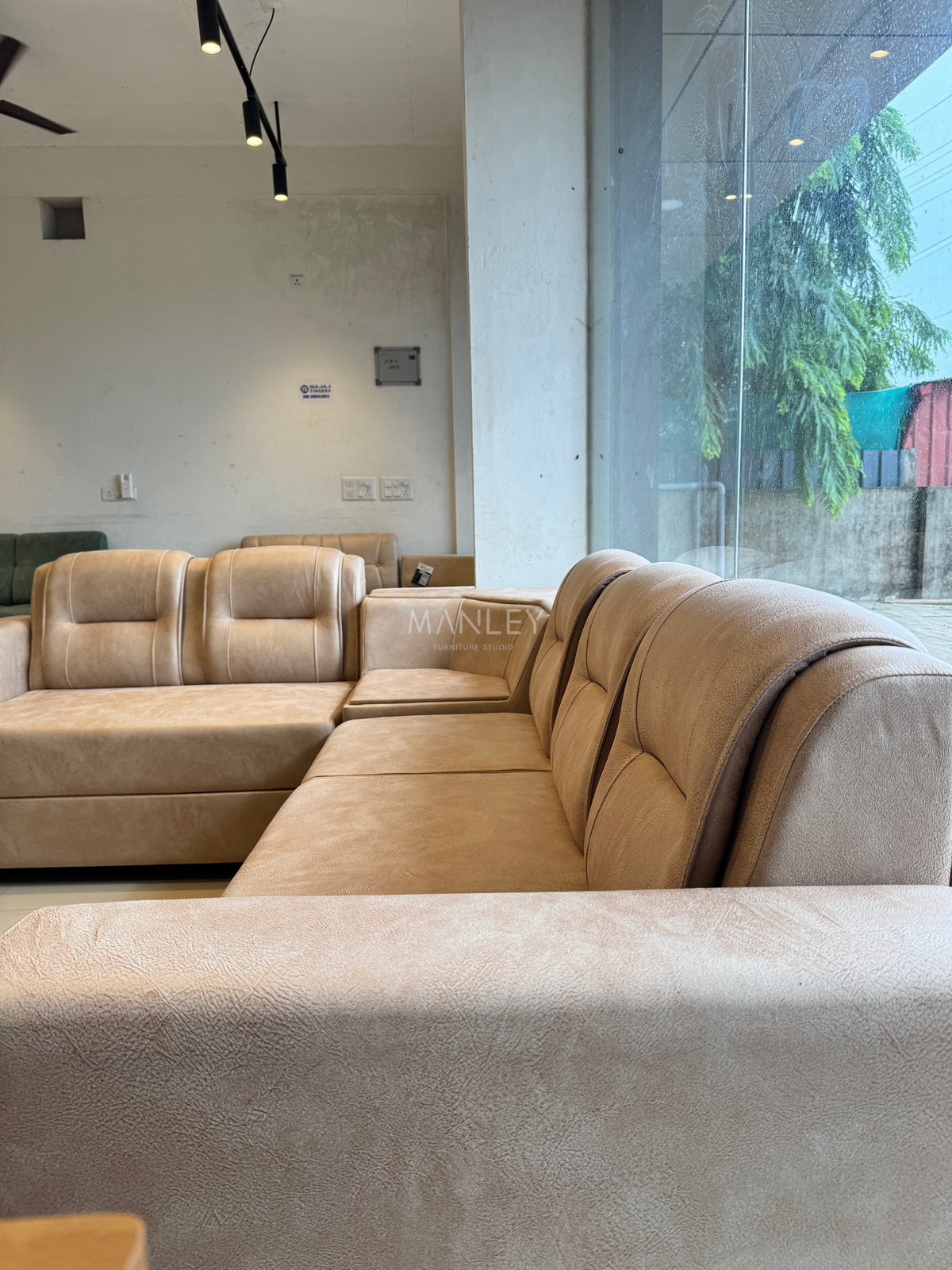 MILAN CORNER SOFA SET | ACACIA WOOD & SUEDE FABRIC UPHOLSTERY | BEIGE
