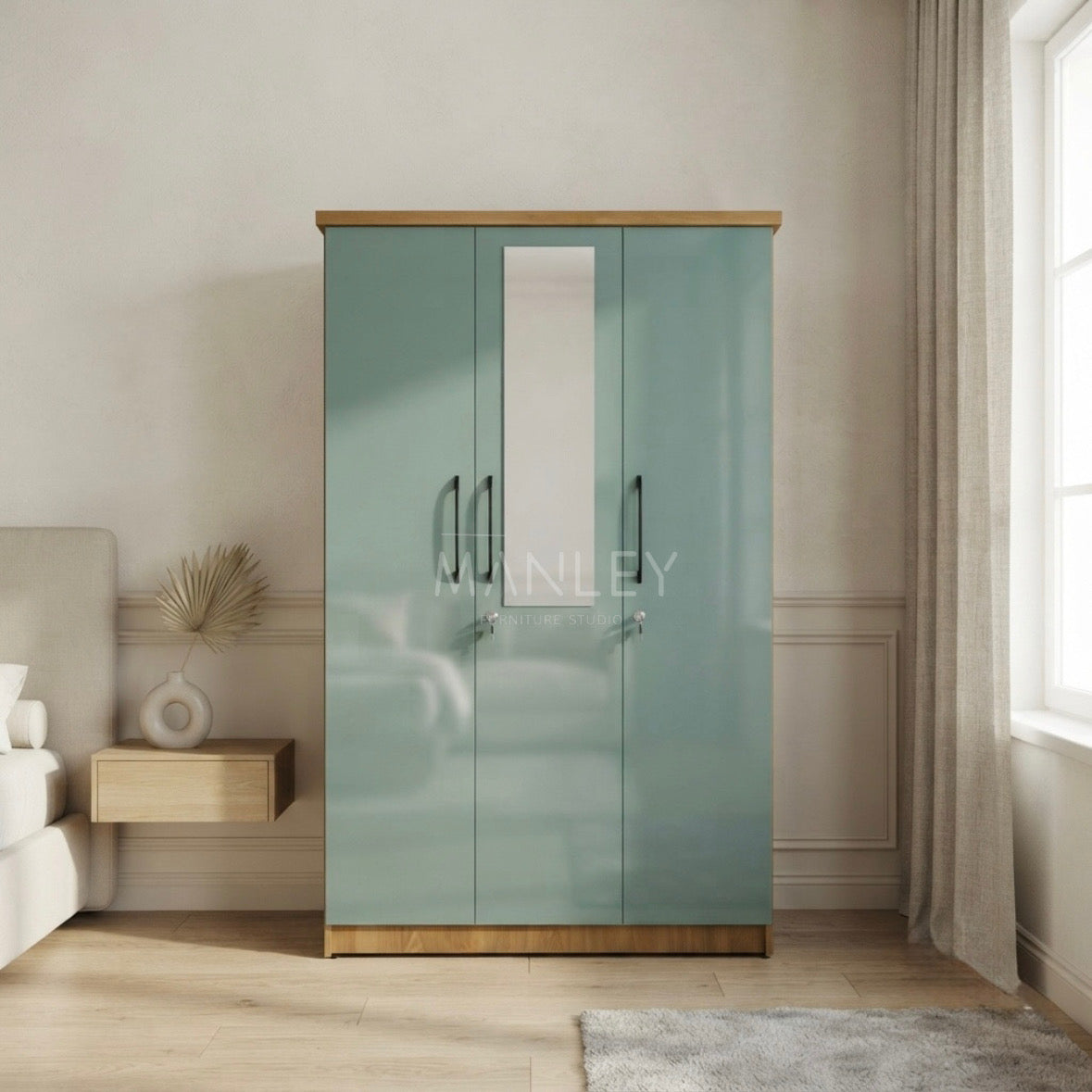 RILON 3-DOOR WARDROBE | PARTICLE BOARD & UV BOARD DOORS | GREEN