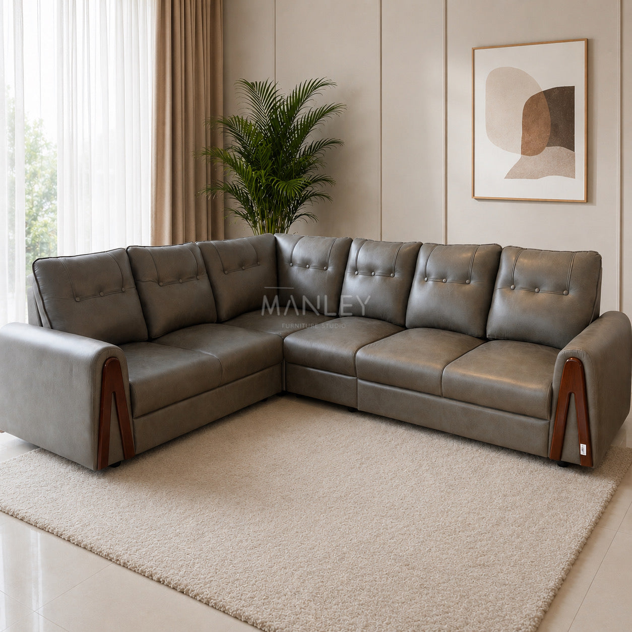 OPAL CORNER SOFA SET | MAHOGANY WOOD & SUEDE FABRIC UPHOLSTERY