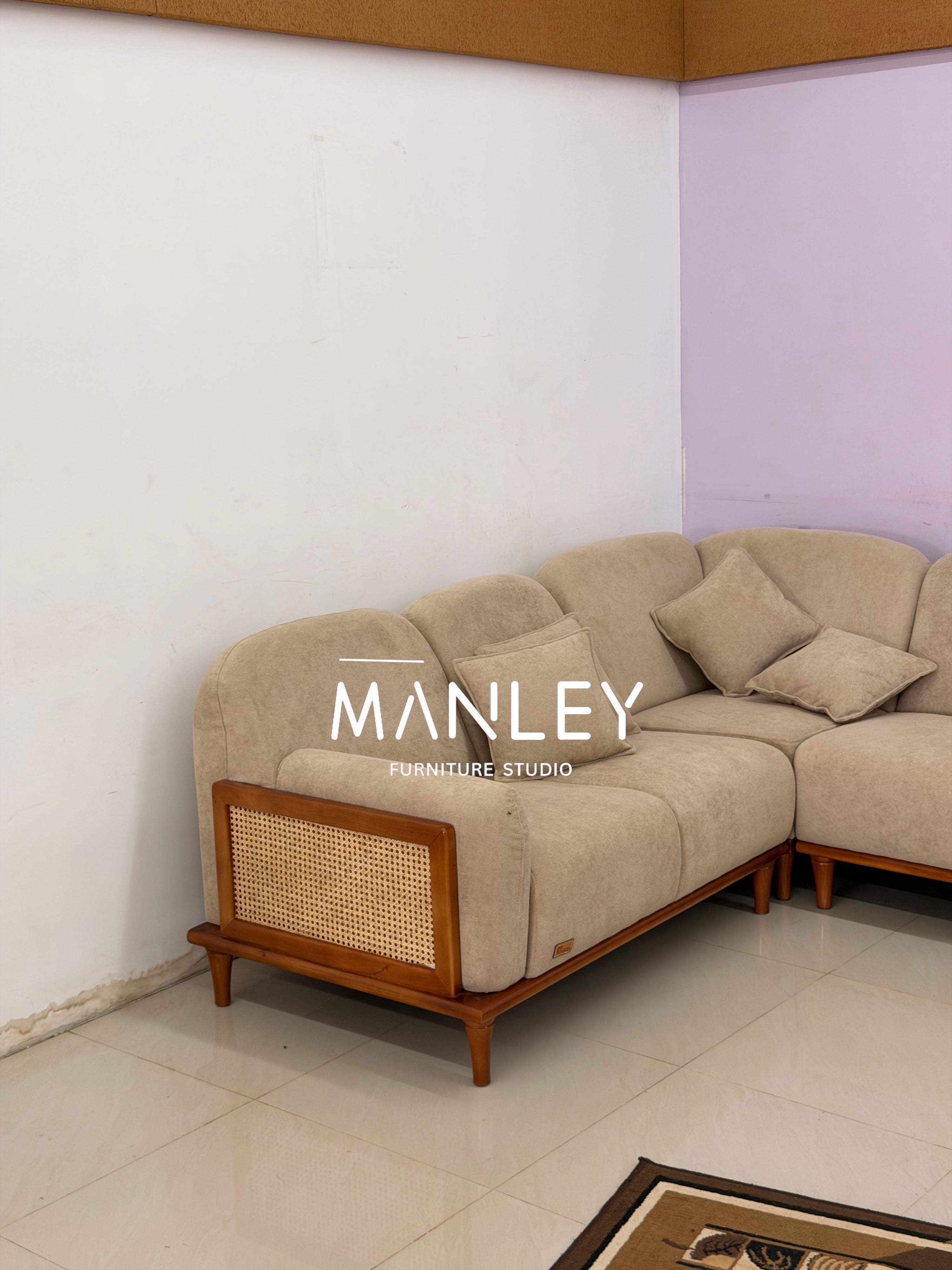 CANE SOFT CORNER SOFA SET | MAHOGANY WOOD & NATURAL CANE | CREAM