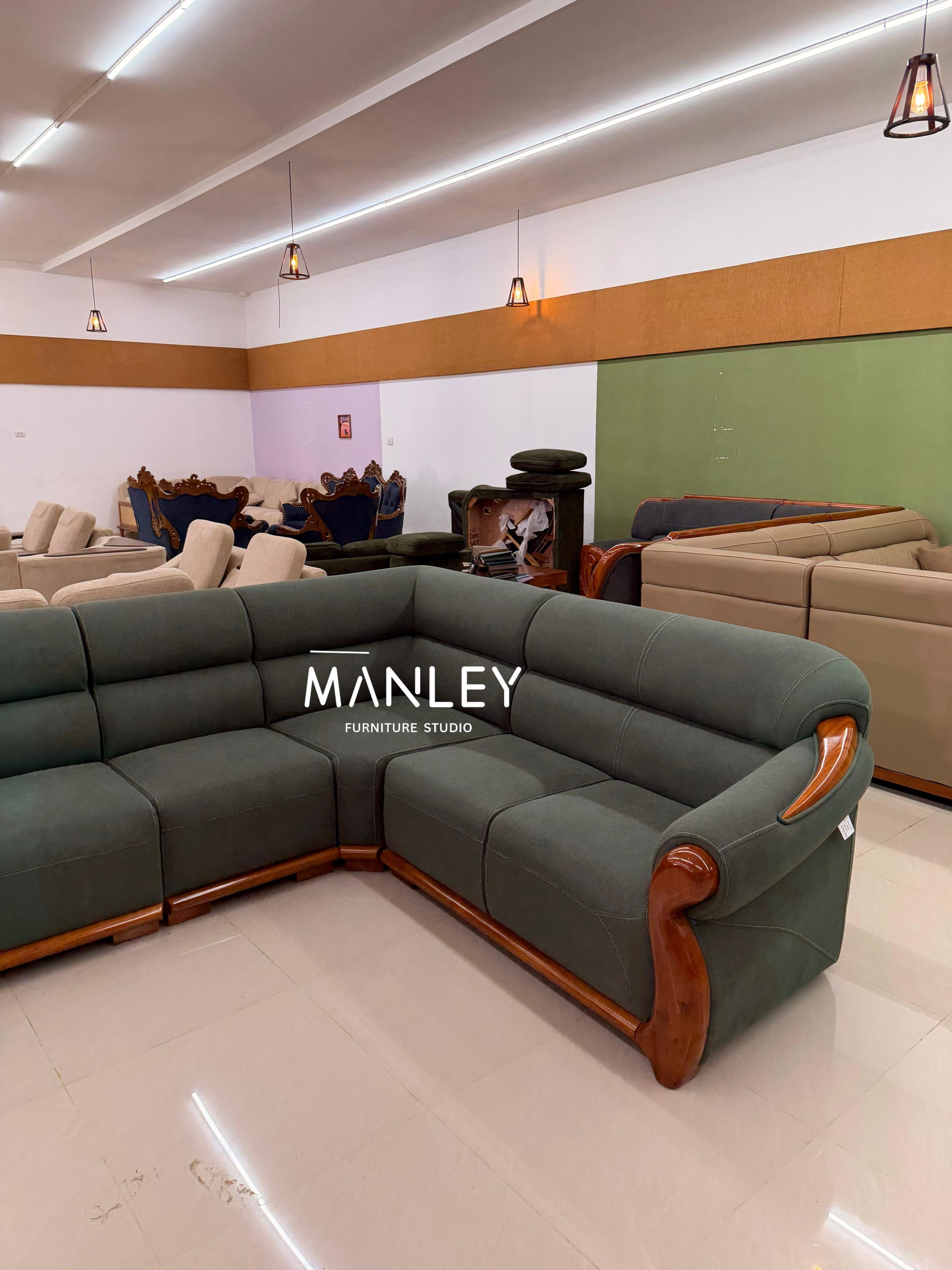 LAIKE CORNER SOFA SET | MAHOGANY WOOD & FABRIC UPHOLSTERY | GREEN