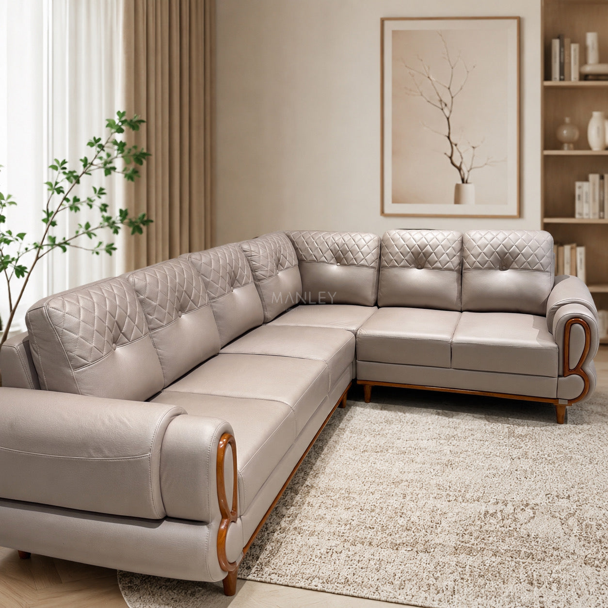JASPER CORNER SOFA SET | MAHOGANY WOOD & FABRIC UPHOLSTERY | BEIGE
