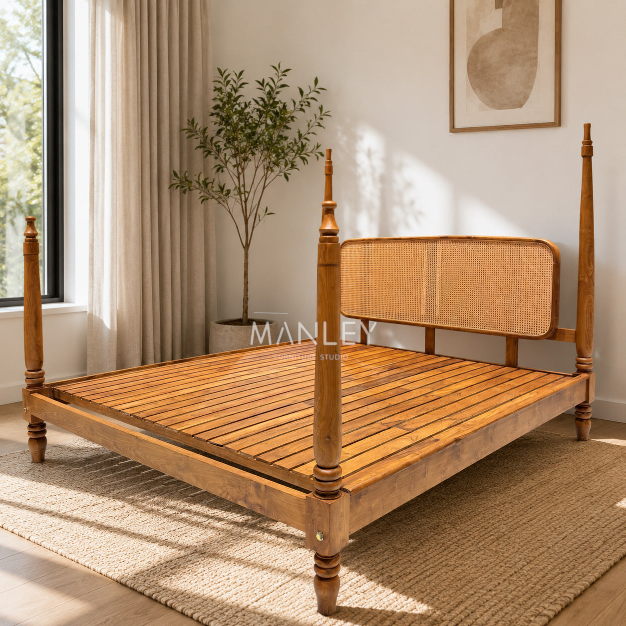 PILLER CANE COT KING SIZE -TEAK WITH NATURAL CANE