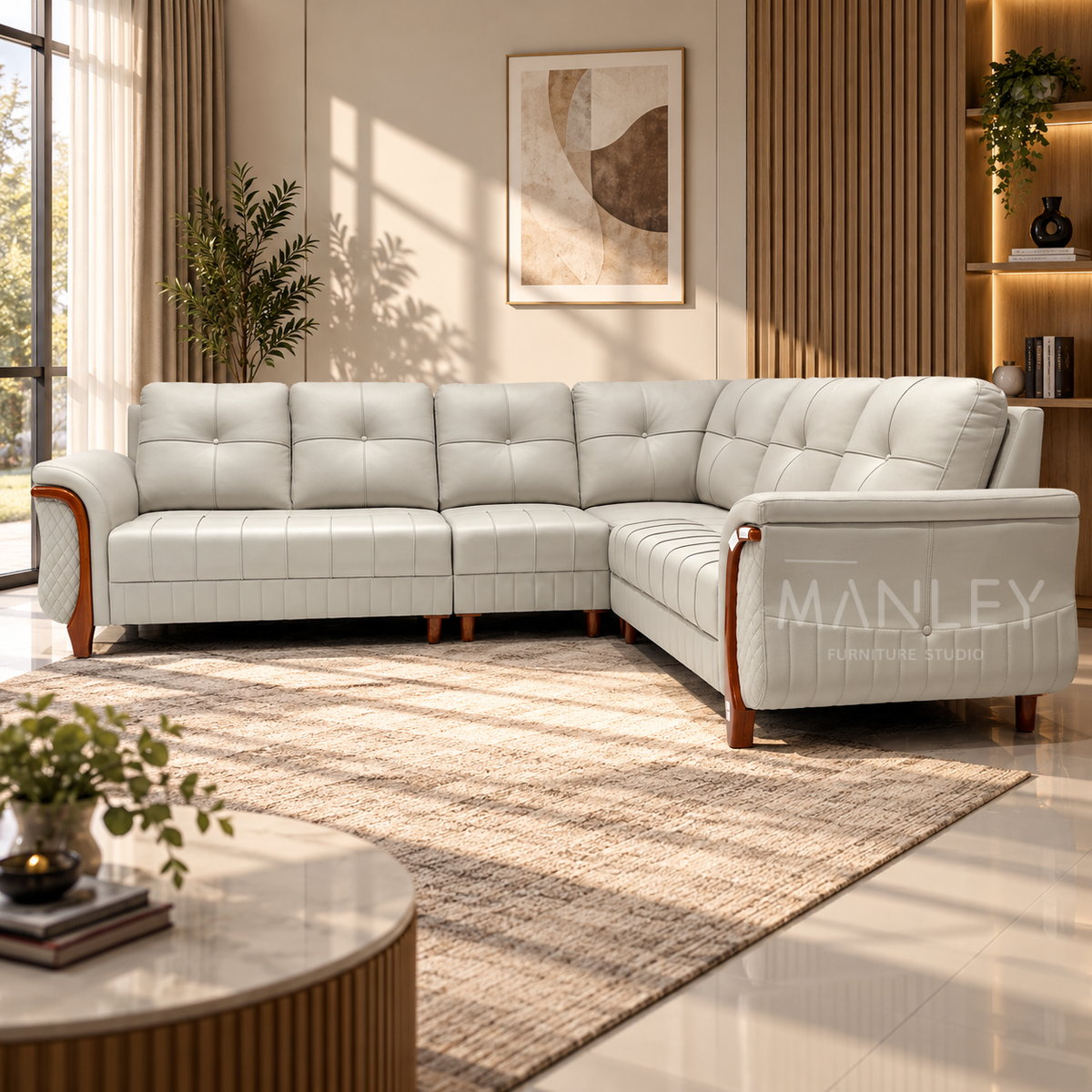 OXFORD CORNER SOFA SET | TREATED MAHOGANY WOOD & SUEDE FABRIC