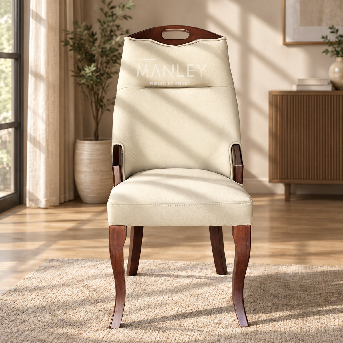 BARREL CHAIR | TREATED MAHOGANY WOOD & SUEDE FABRIC | BEIGE COLOUR