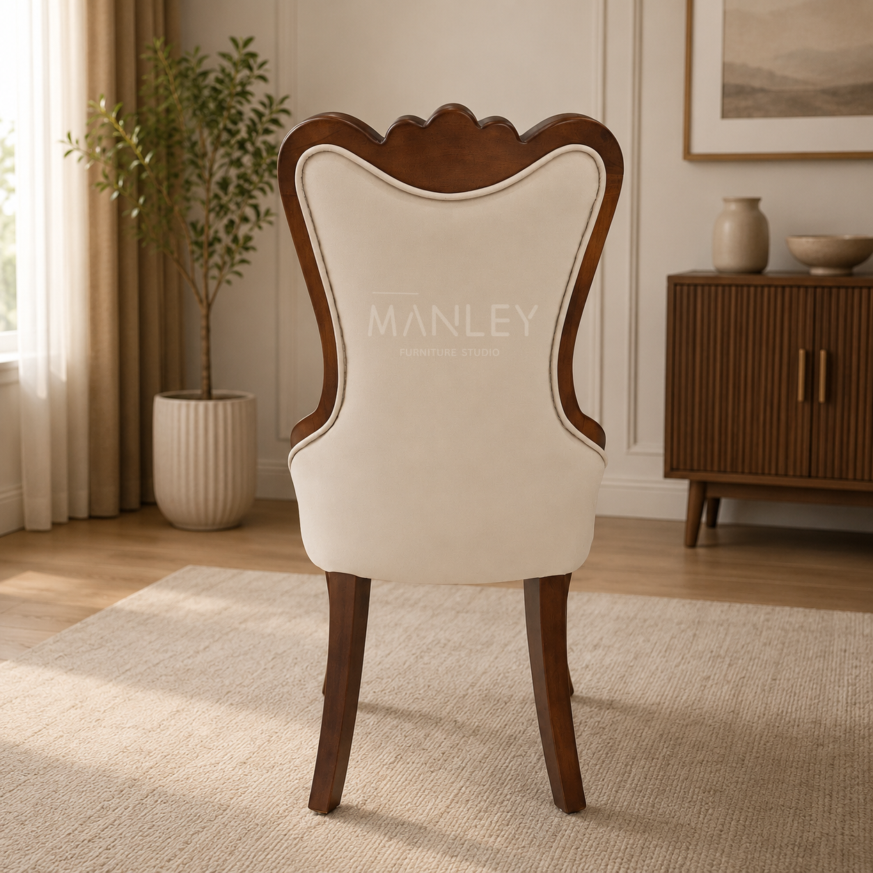 WINDSOR CHAIR | MAHOGANY WOOD & SUEDE FABRIC | ASH GREY COLOUR
