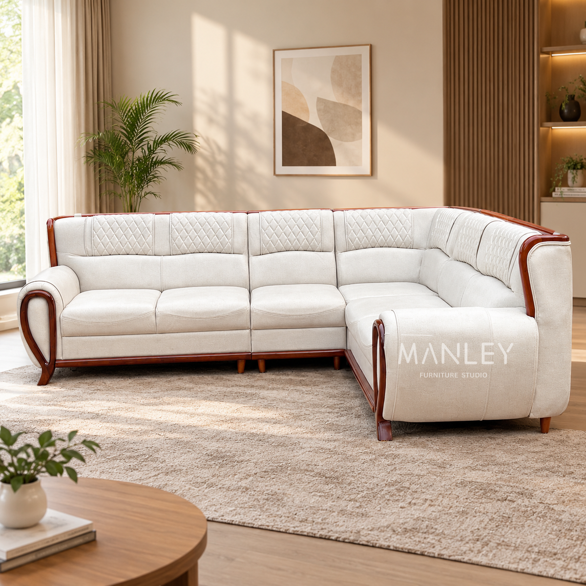 HILON CORNER SOFA SET | TREATED MAHOGANY WOOD & SUEDE FABRIC
