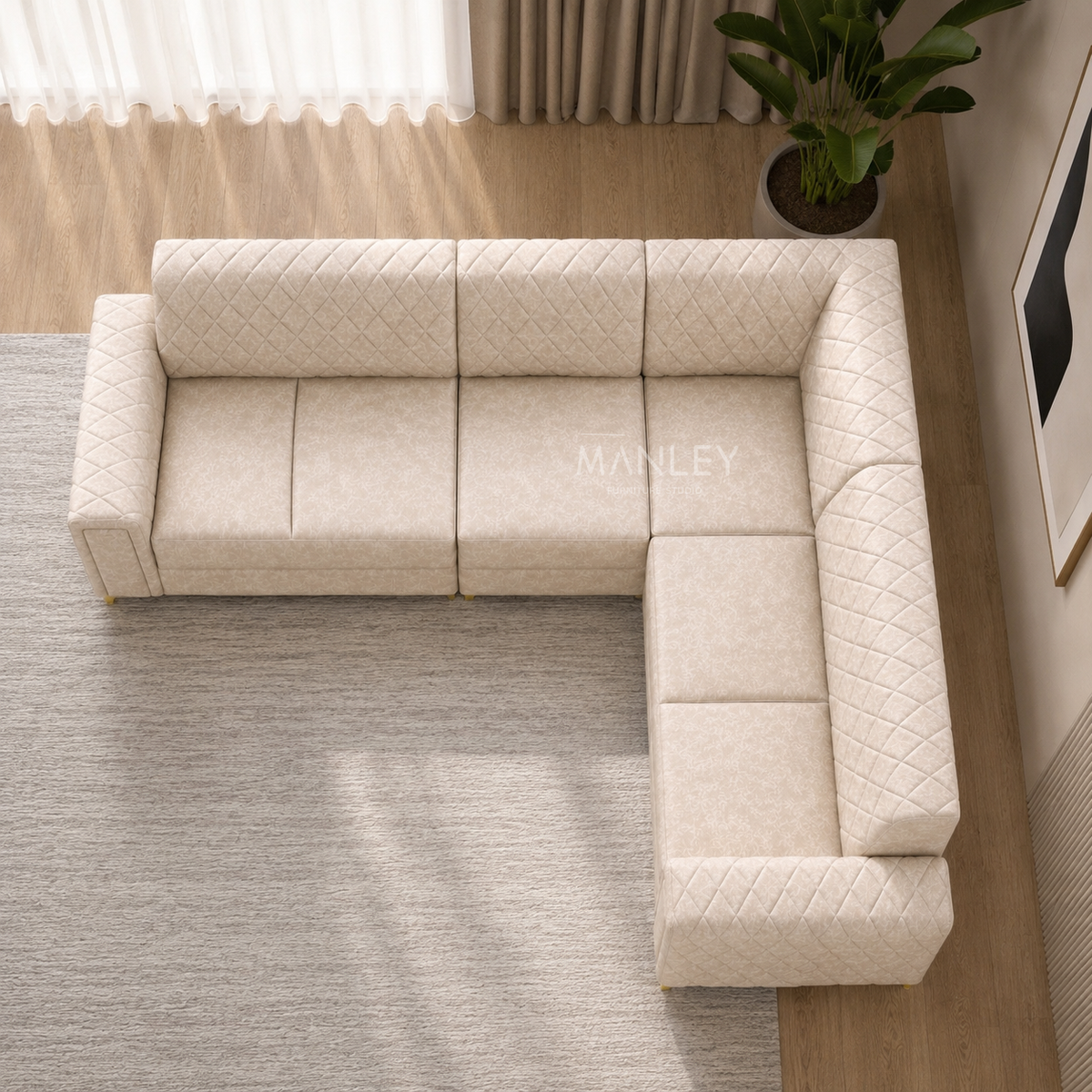 CROWN CORNER SOFA SET | SUEDE FABRIC & METAL LEGS | BEIGE COLOUR