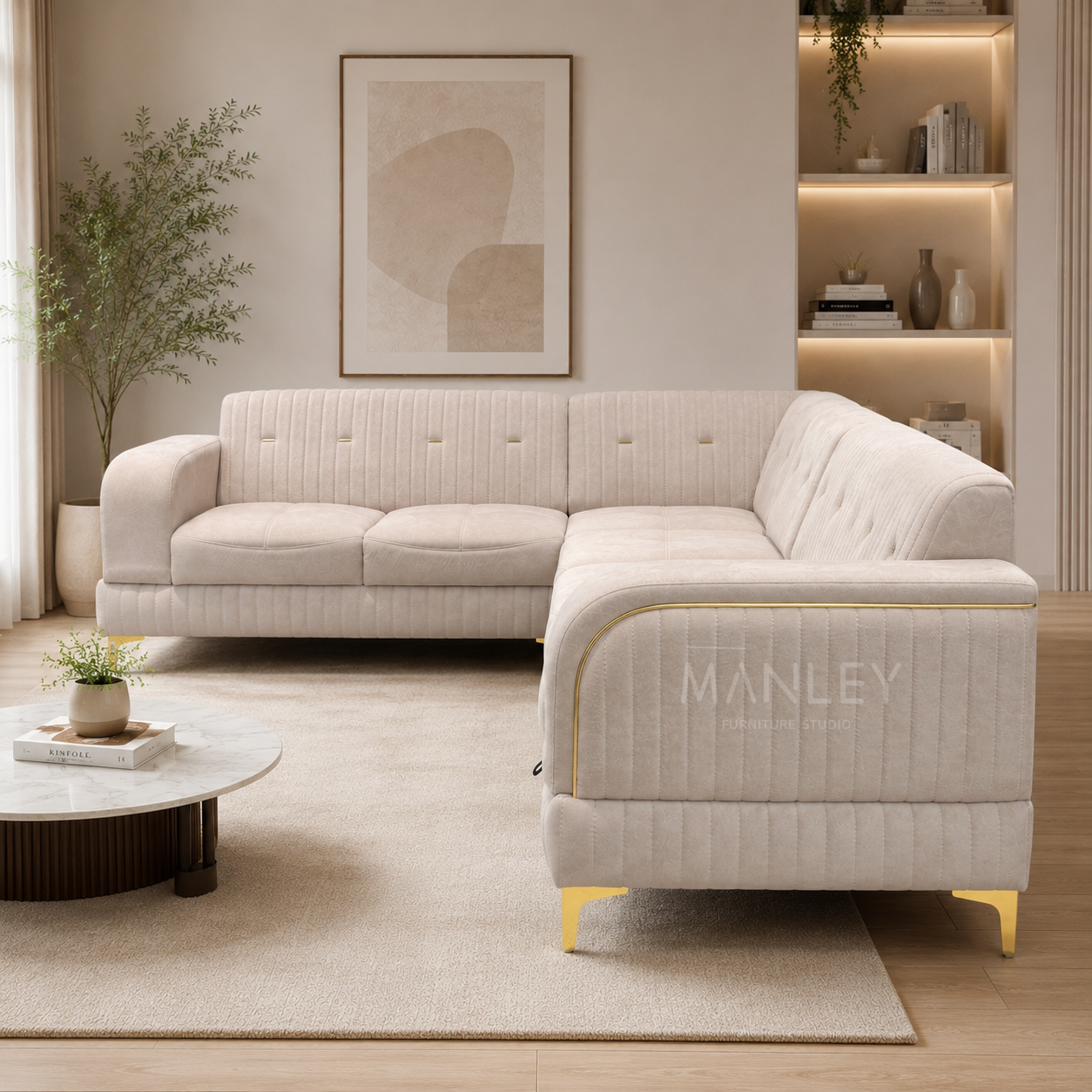 COZY CORNER SOFA SET | SUEDE FABRIC & METAL LEGS | BEIGE COLOUR