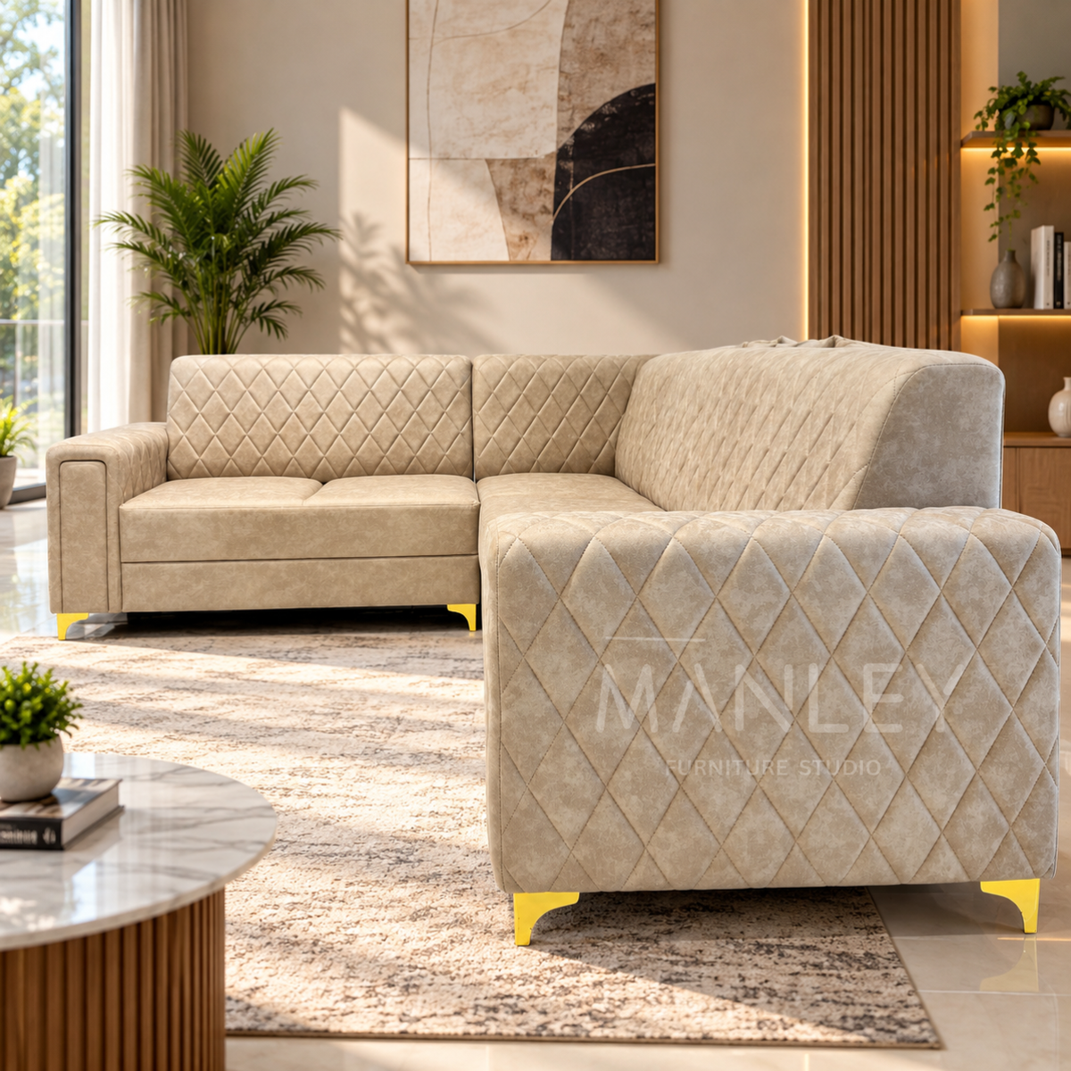 KINARA CORNER SOFA | SUEDE & REXINE MIX FABRIC
