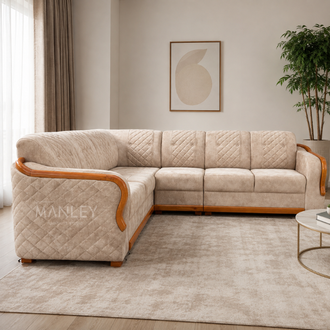 LOREN CORNER SOFA SET | MAHOGANY WOOD & SUEDE FABRIC UPHOLSTERY