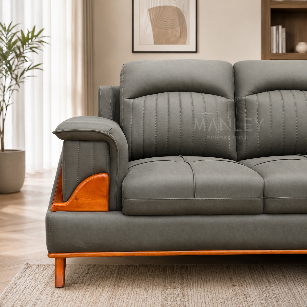 ASPEN CORNER SOFA SET | MAHOGANY WOOD & SUEDE FABRIC UPHOLSTERY | GREEN